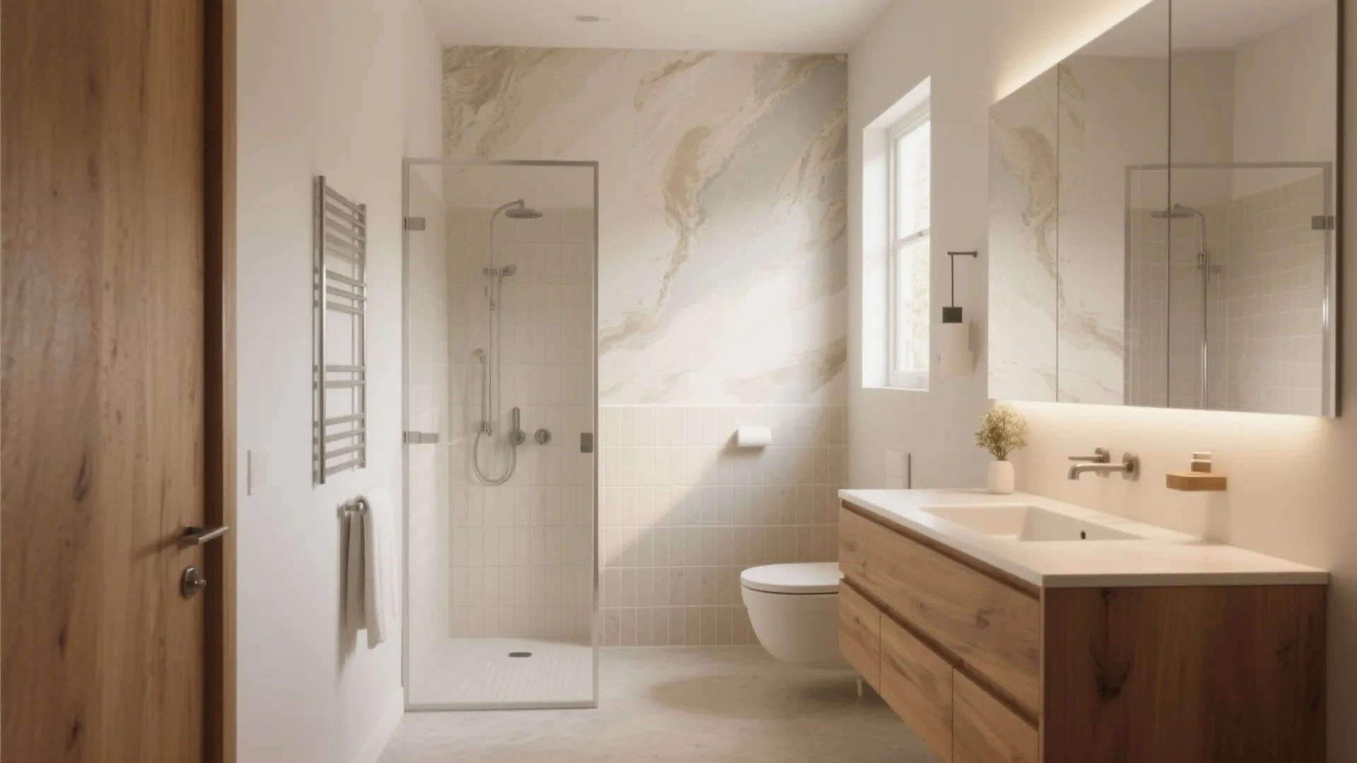 Modern bathroom with glass shower wooden cabinet white toilet marble wall panel and a mirror