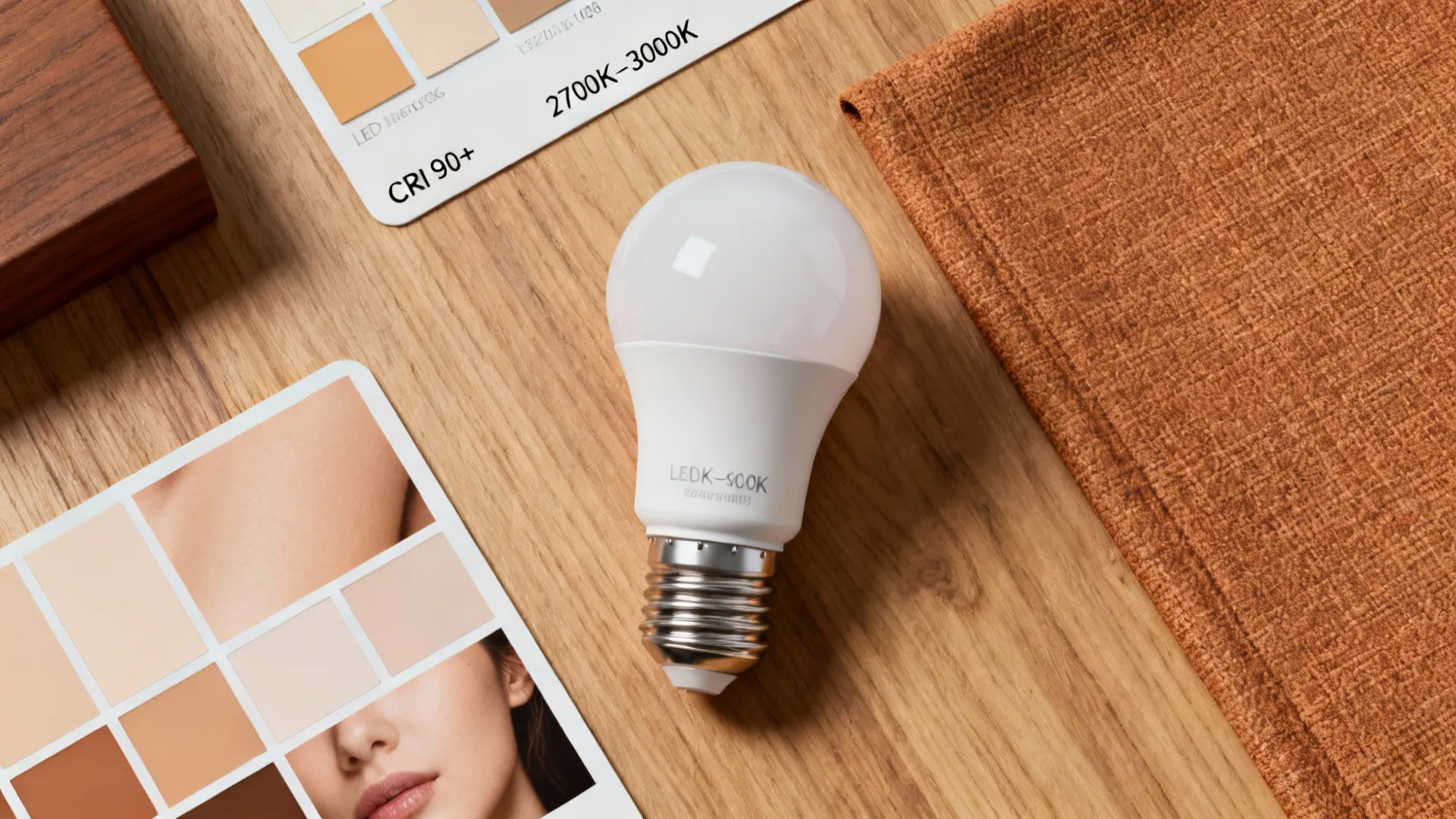 Flatlay of LED bulbs, color temperature labels, CRI sample chips, and fabric swatches.