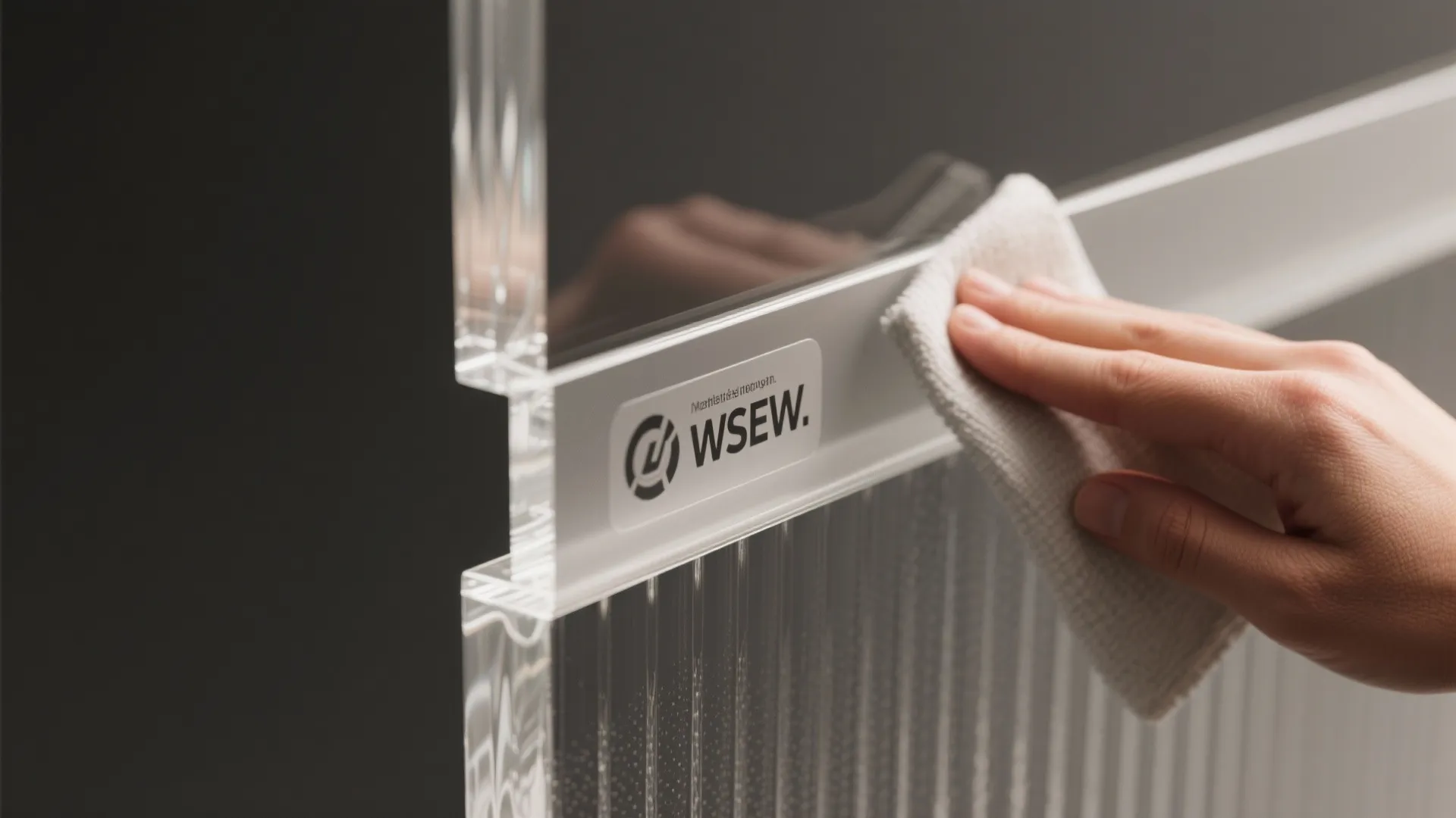 Tempered frosted glass edge detail with a soft-cloth cleaning demonstration