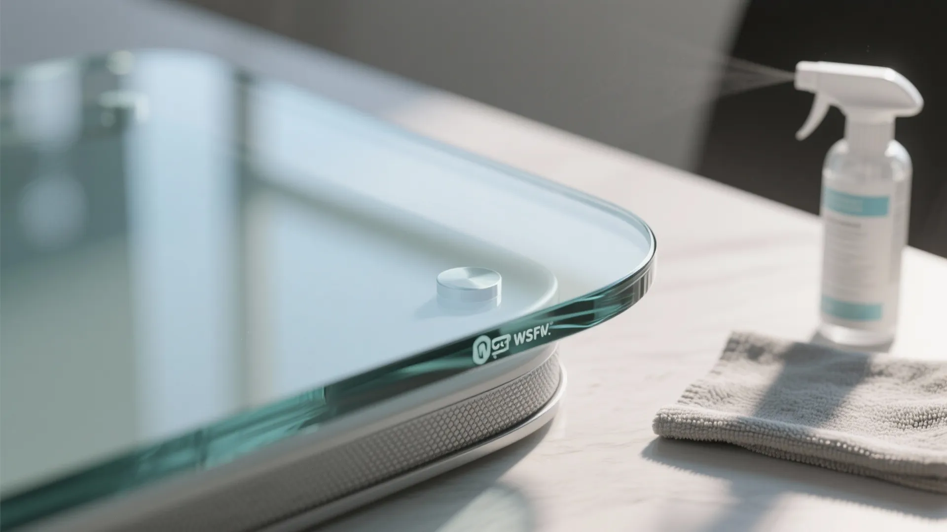 Close up of a glass table top with smooth edges next to a cleaning spray