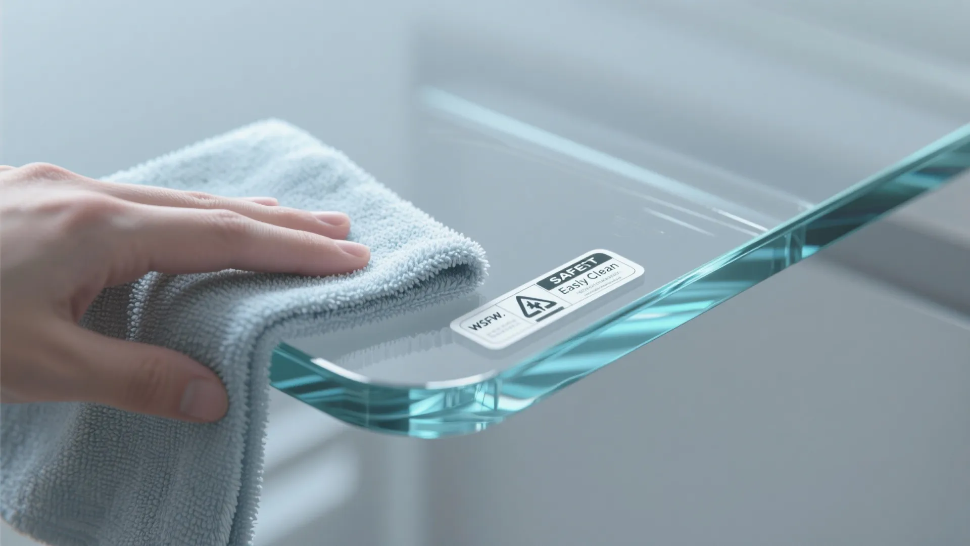 A hand cleaning a clear glass shelf with a light blue cloth showing easy clean surface