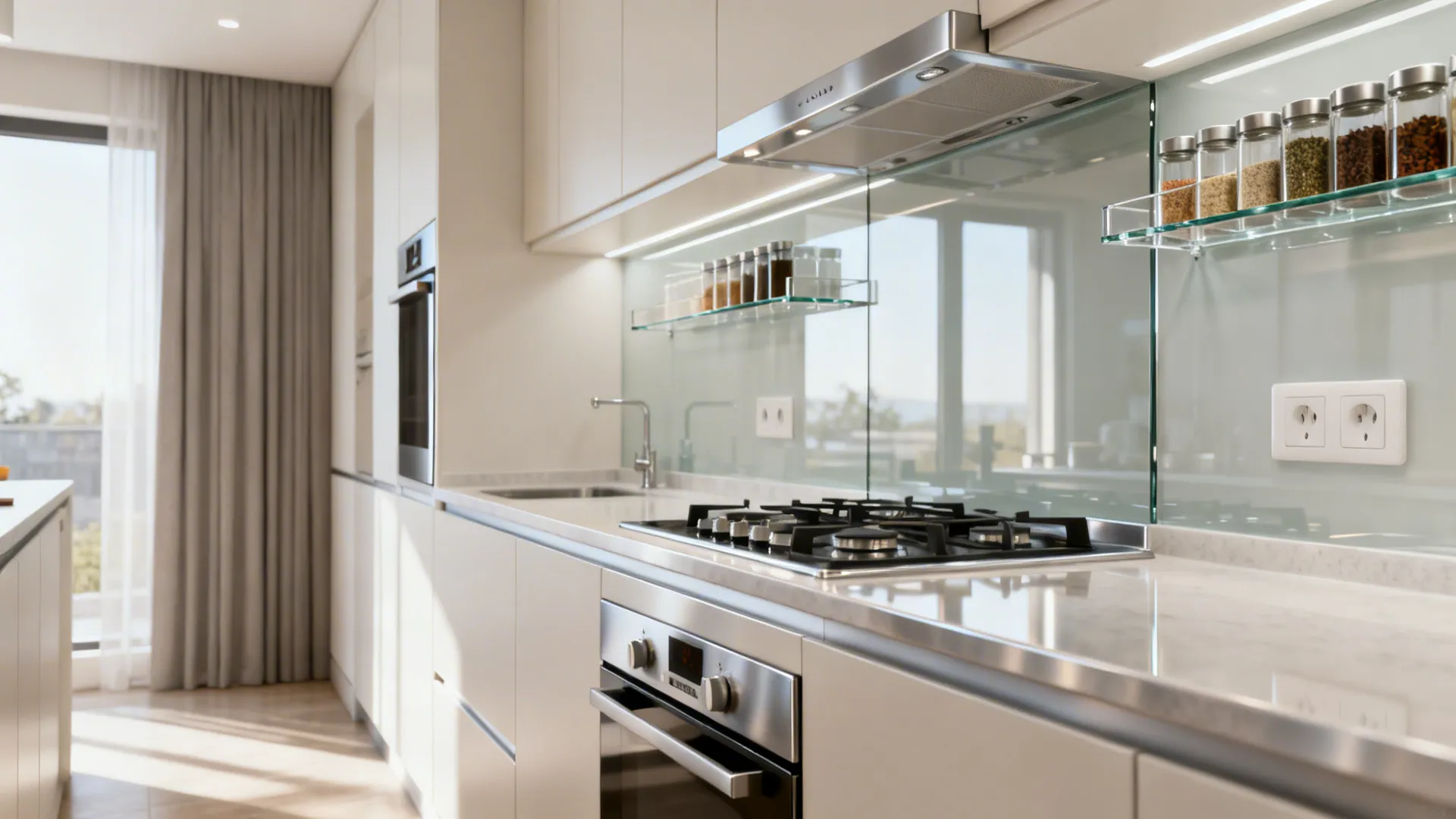 Satin tempered glass backsplash with a clear glass spice shelf reflecting soft light in a compact galley kitchen.