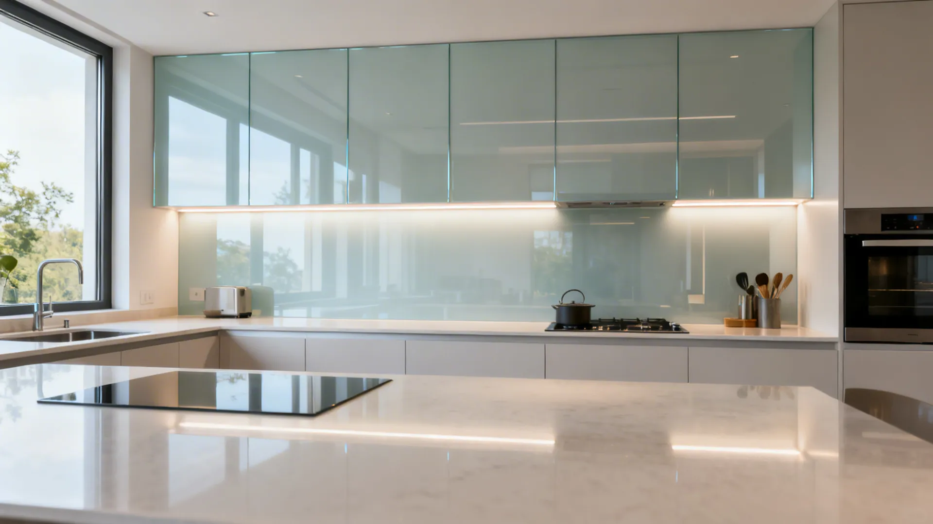 Modern kitchen featuring a light green glass wall with white cabinets and a large window