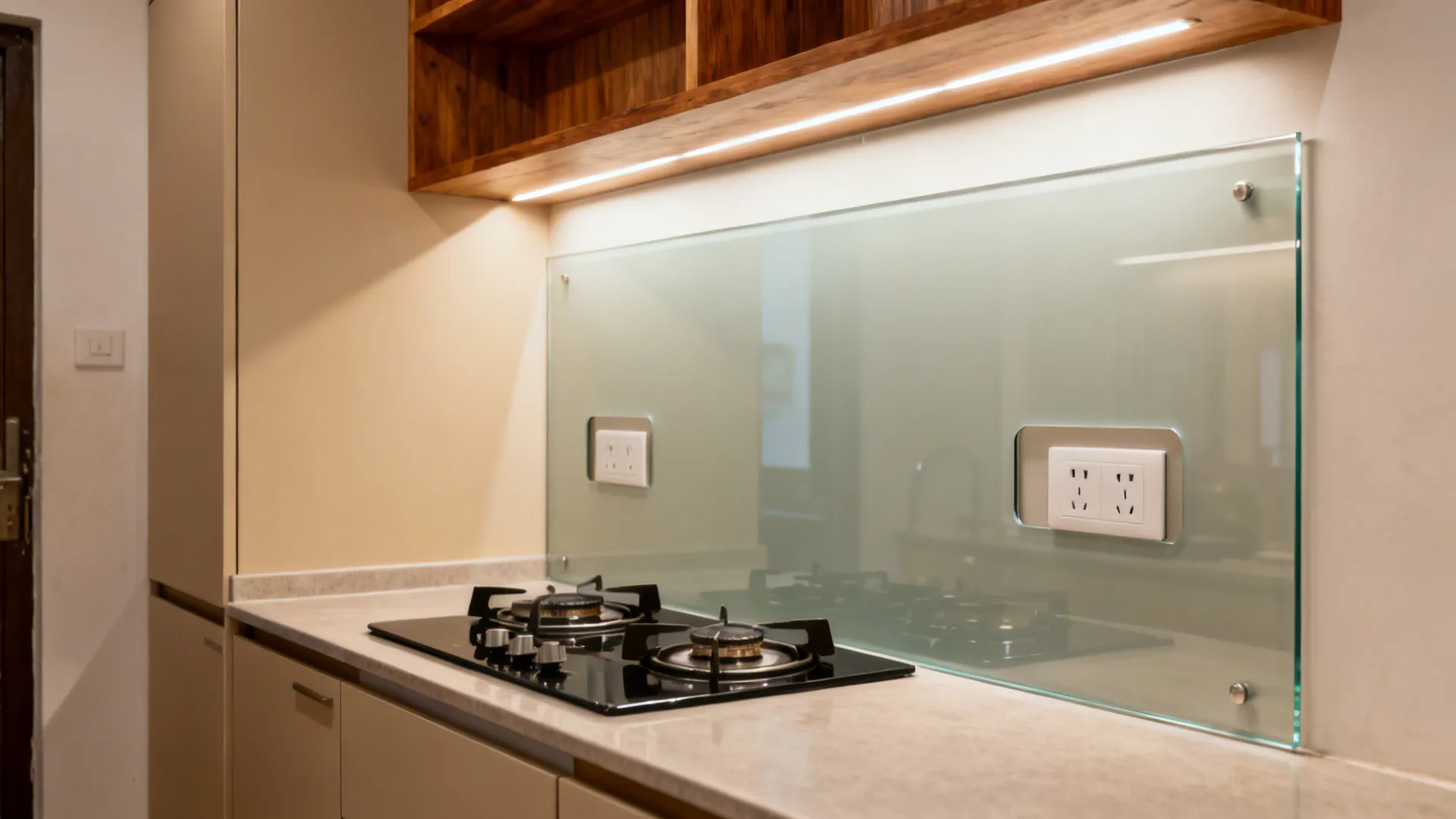 Seamless tempered glass backsplash with precise socket cutouts and warm shelf accents.
