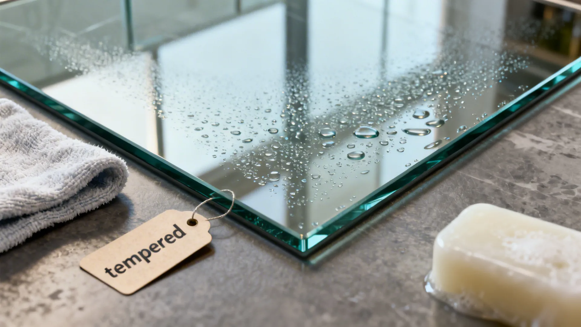 Close-up of a tempered glass backsplash being wiped clean with a soft cloth.