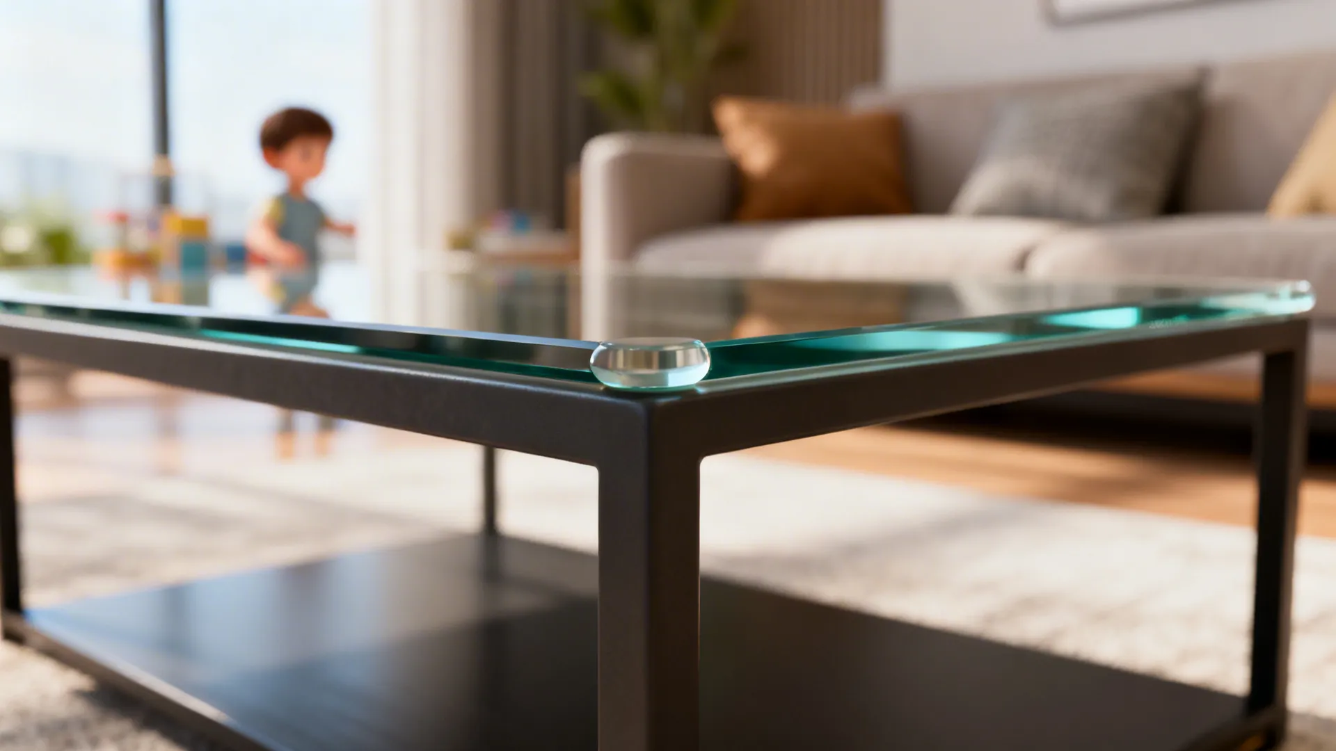 Close-up of tempered glass coffee table edge and rounded corner showing safety detail