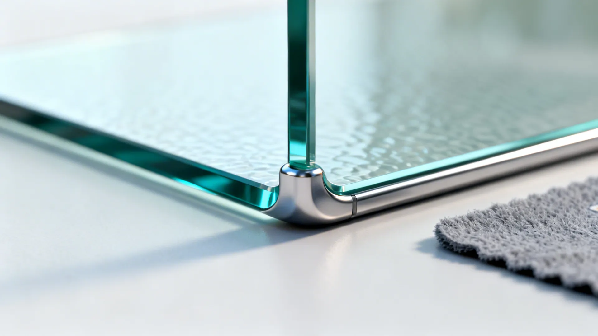Close-up of a tempered glass edge with rounded corner and metal frame detail
