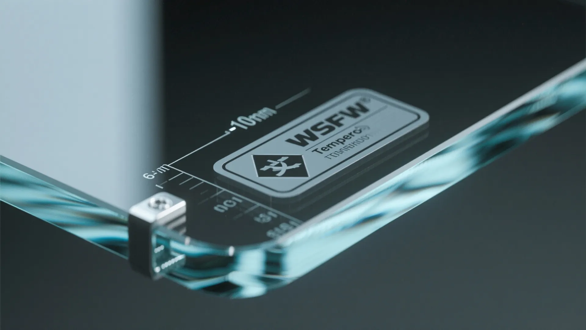 Close-up of tempered glass edge with safety etch and hardware rating, illustrating recommended thickness.