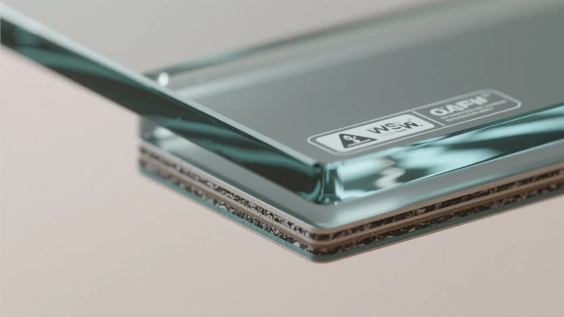 Close up of tempered safety glass corner with smooth polished edges and visible white safety label