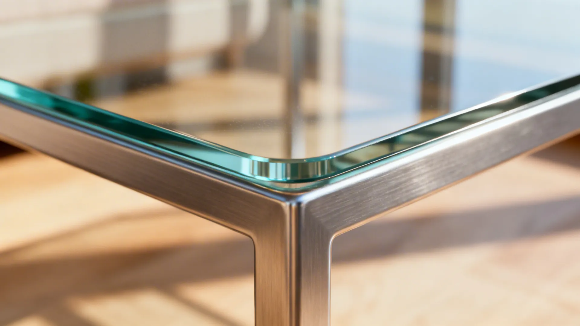 Close-up of a tempered glass table edge with a slim metal frame and rounded corners.