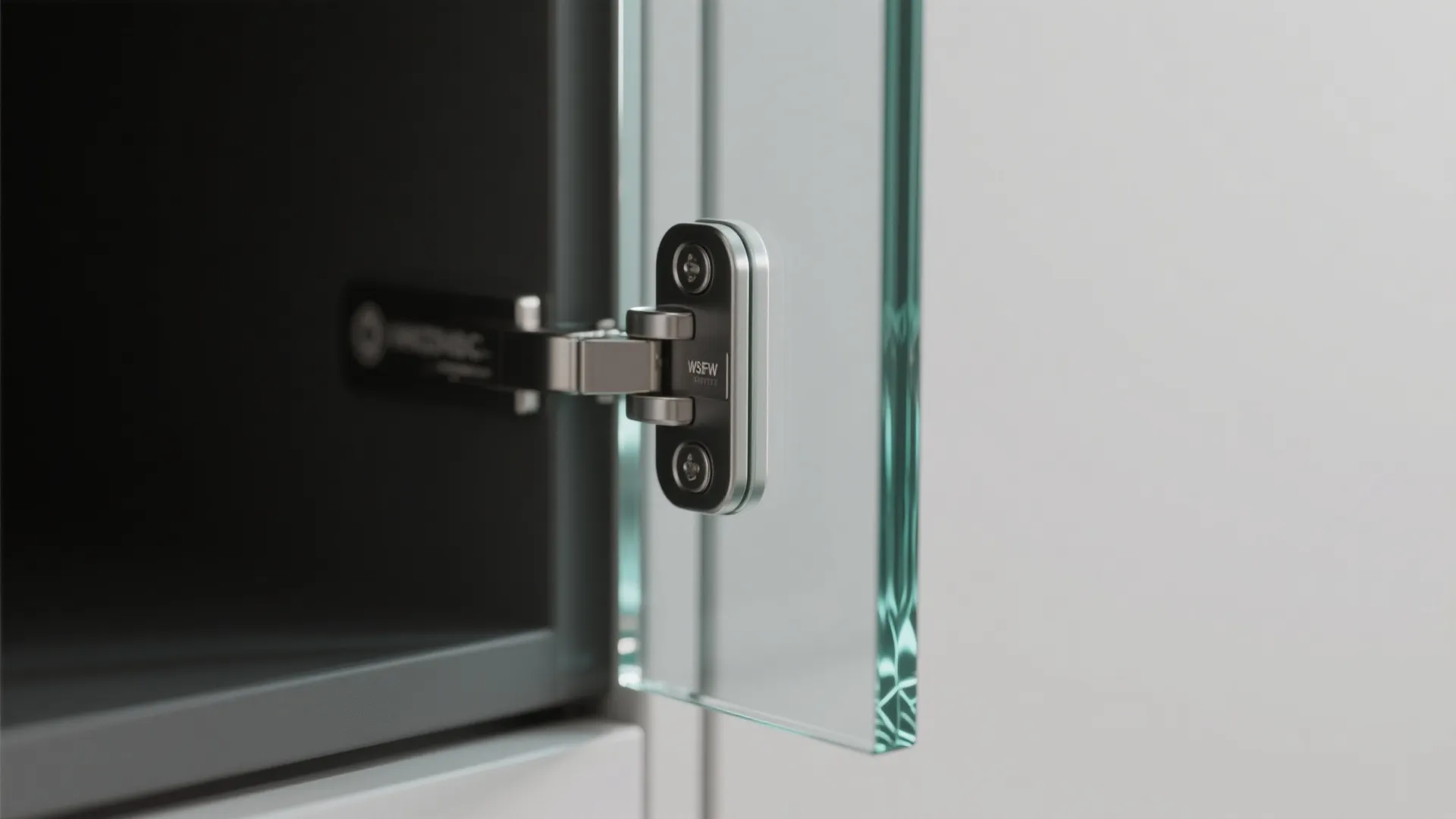 Close-up of tempered glass edge and cabinet hinge showing quality and safety detail