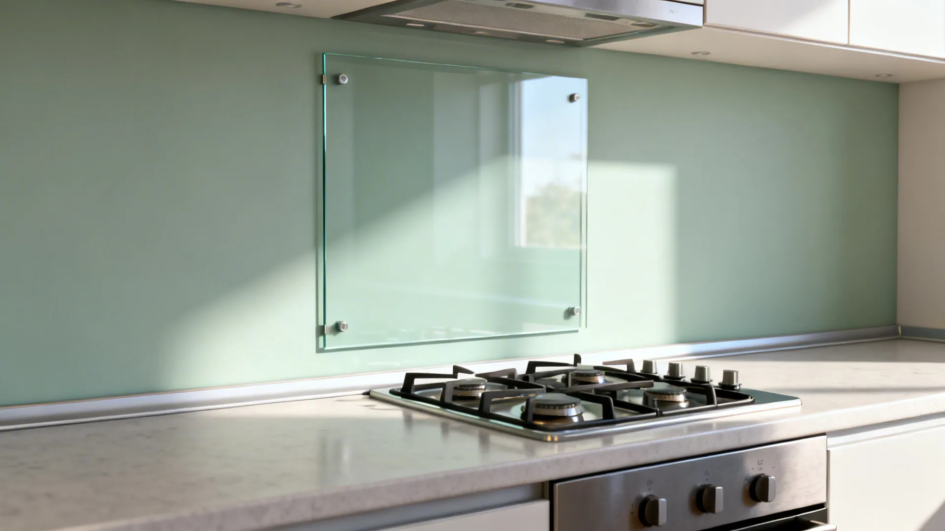 Tempered glass backsplash panel behind a stove revealing pale sage wall color and bright reflections.