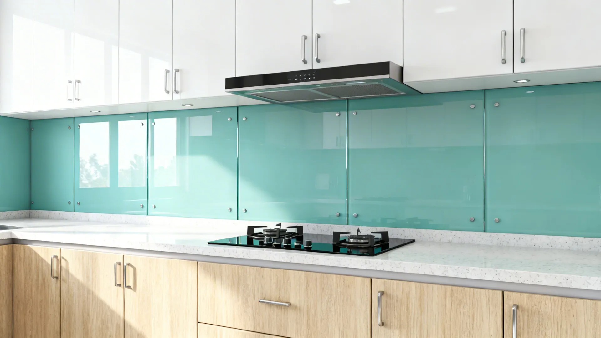 Seamless teal tempered glass backsplash in a modern Indian kitchen with bright reflections.