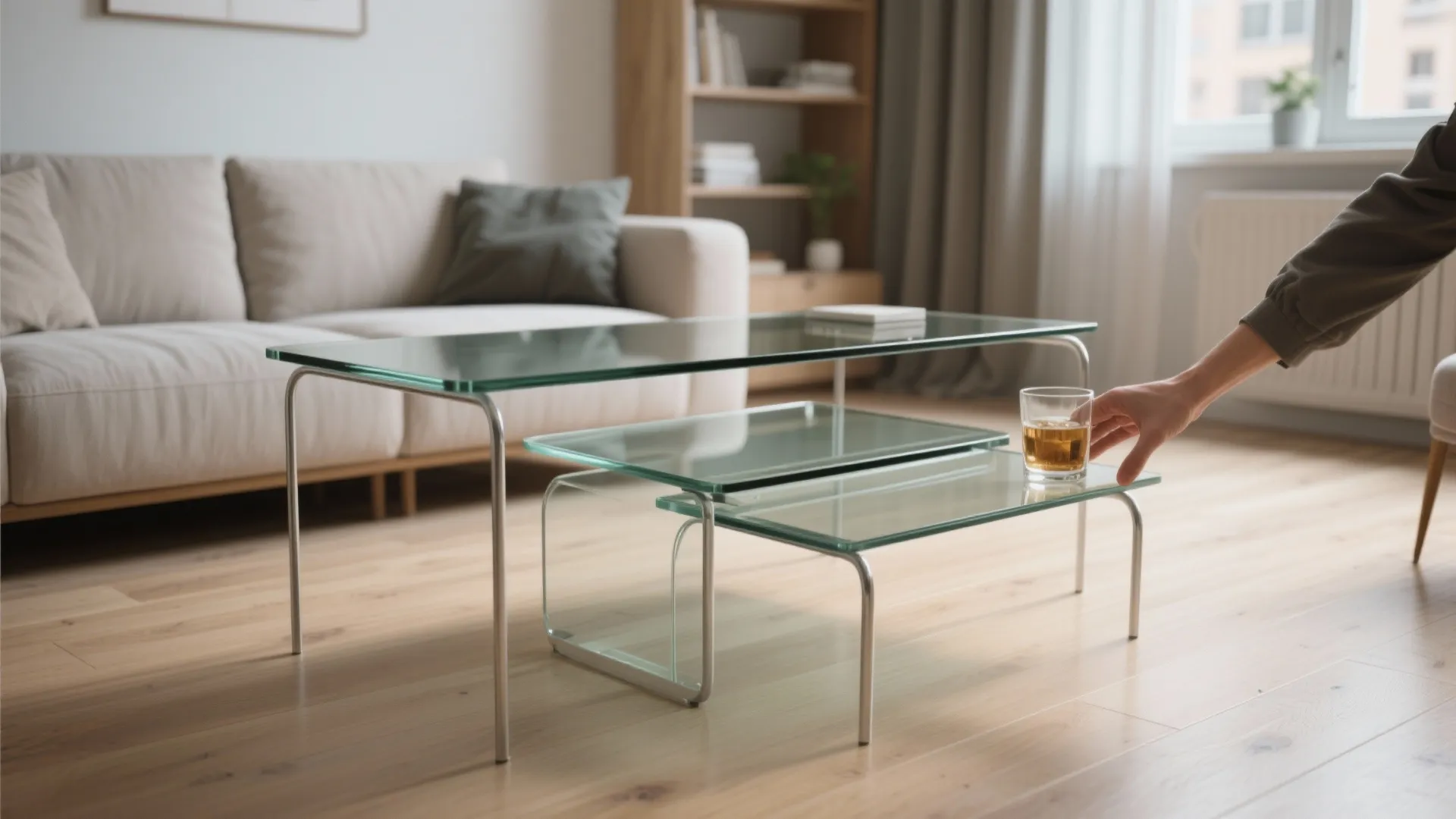 Nesting glass coffee tables in a bright living room with a beige sofa and wooden floor