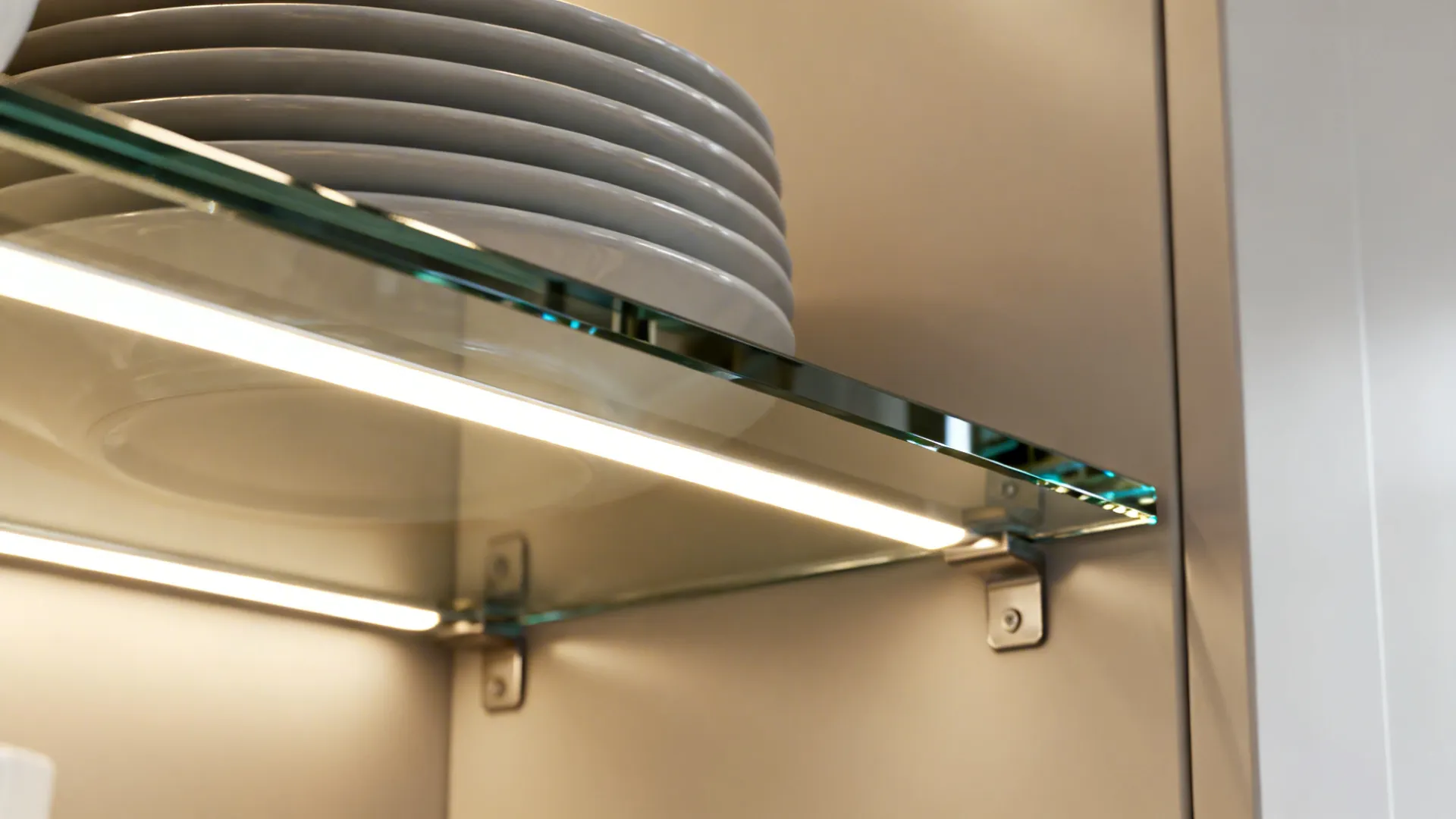 Close-up of an 8–10 mm tempered glass shelf with polished edge and subtle LED wash.