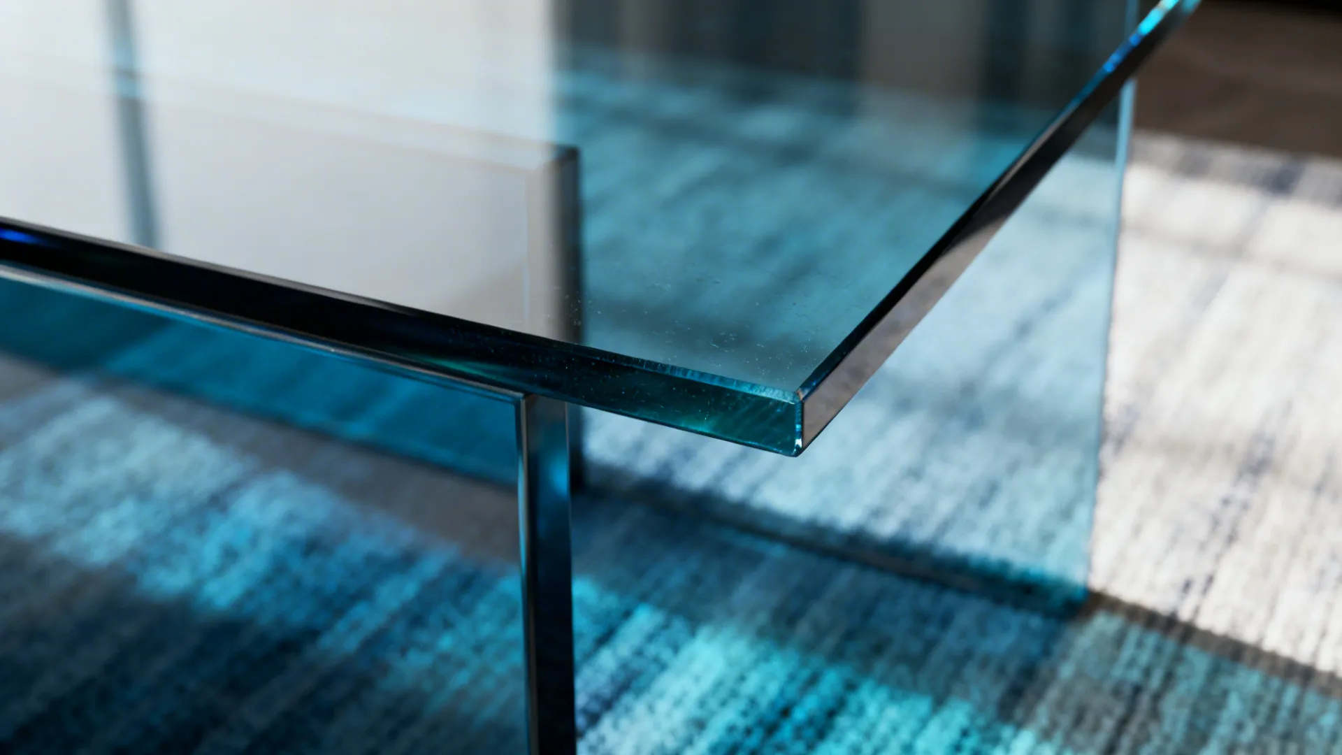 Smoky blue tempered glass tabletop showing a subtle tint and soft reflections on nearby fabrics.