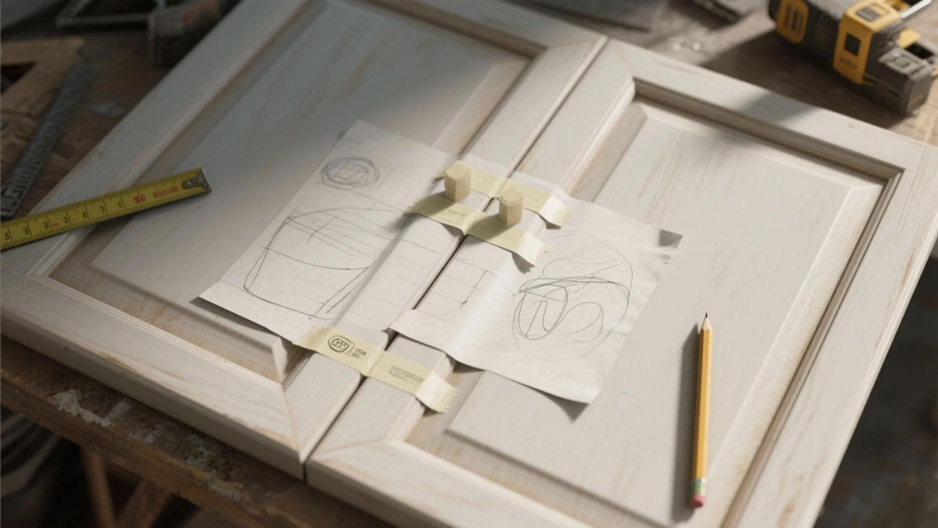 Top view of wooden cabinet door panels with a pencil sketch and measuring tape on desk