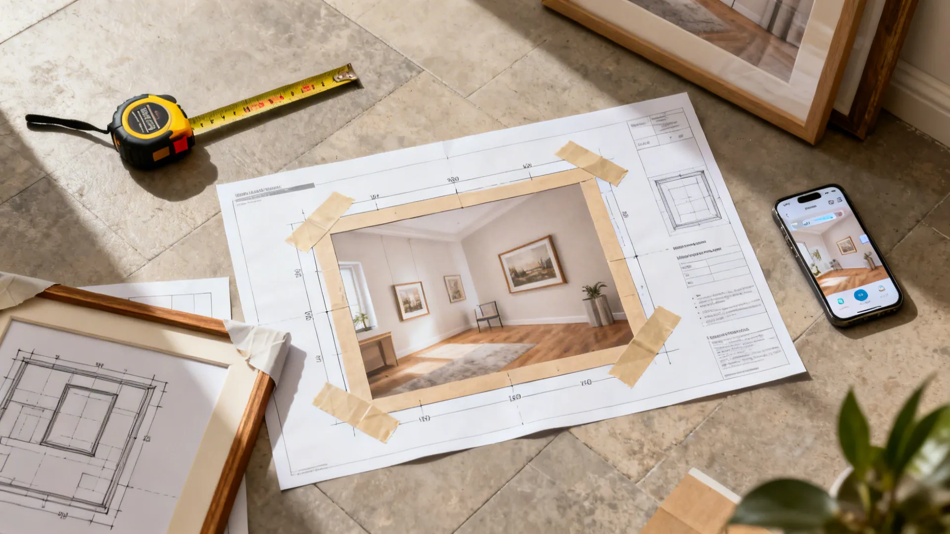 Top-down flatlay of paper frame templates, tape measure and a phone with a room planner