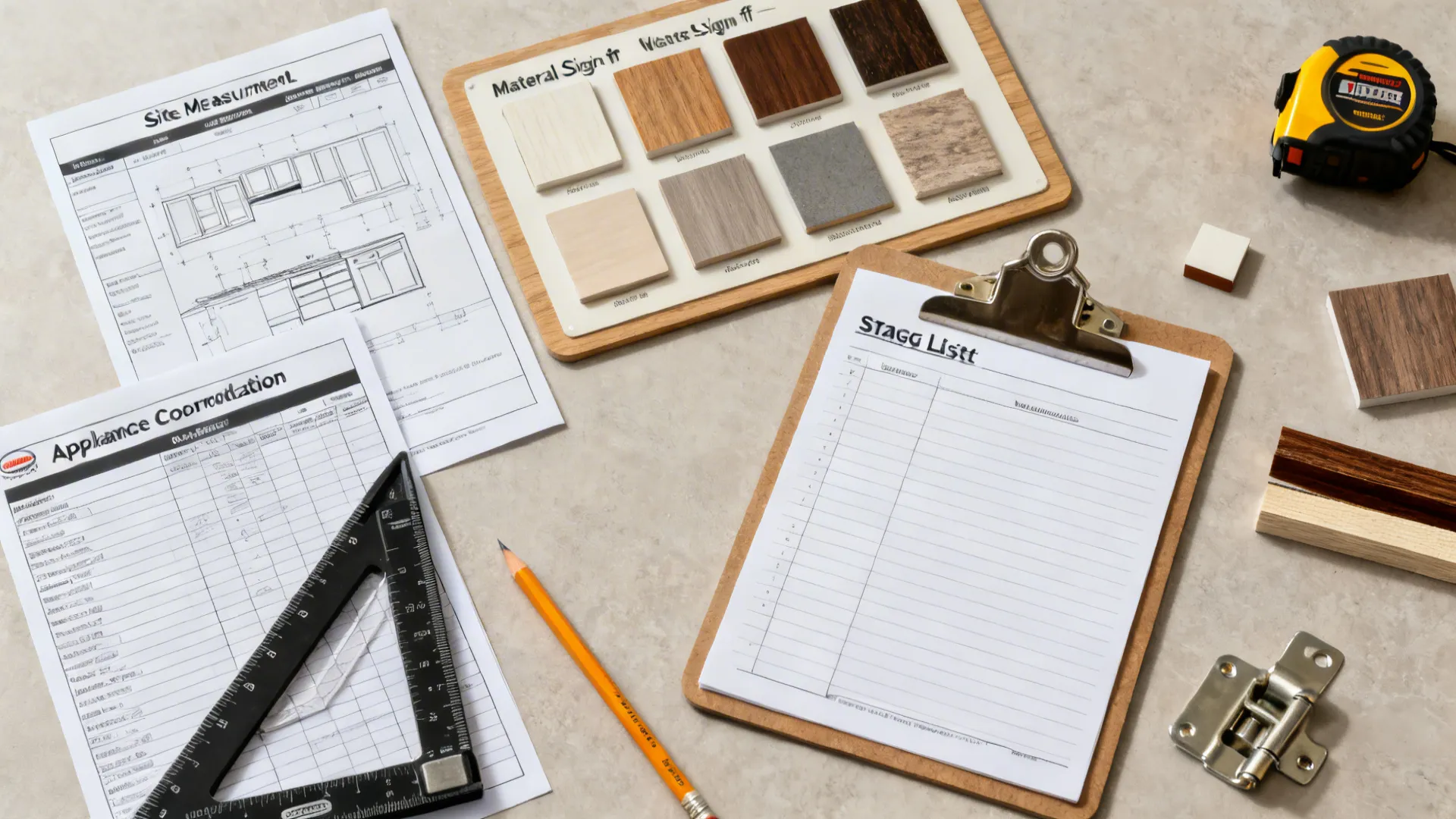 Flatlay of kitchen project templates with tools and material swatches on a neutral tabletop.
