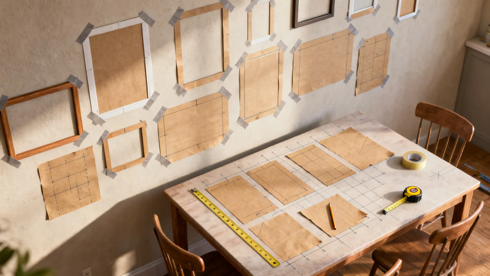 Top-down view of kraft paper frame templates and measuring tools for planning a gallery wall.