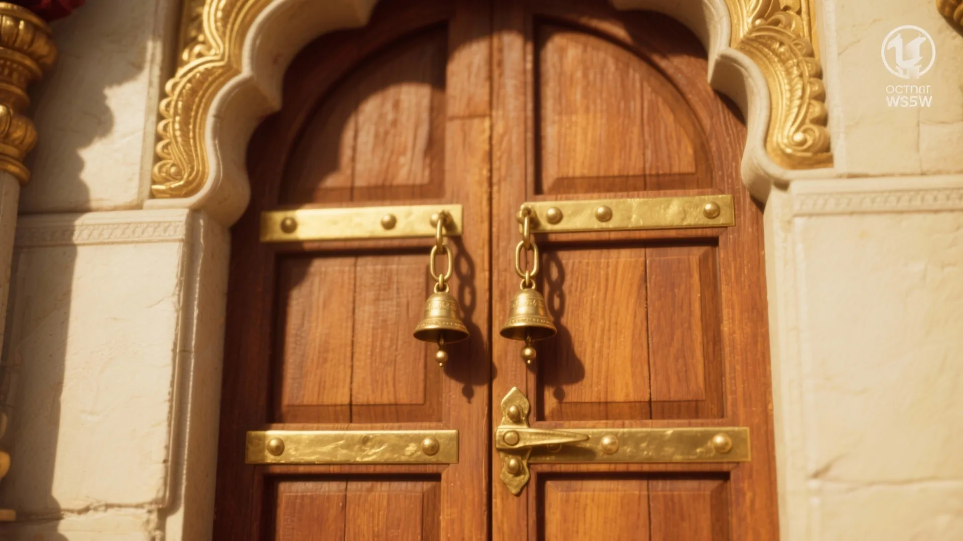 Temple-arch double doors with tiny bells