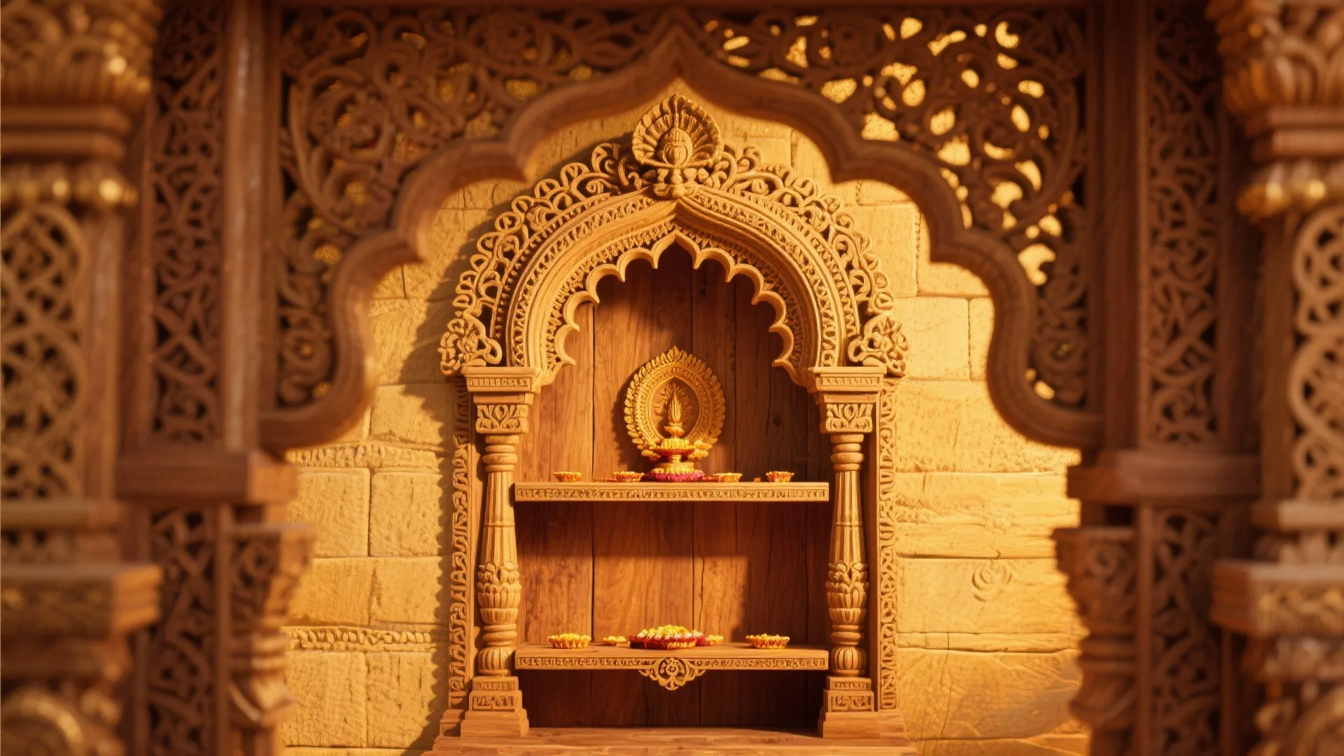 Intricate wooden prayer area with carved arches and shelves on a textured stone wall background