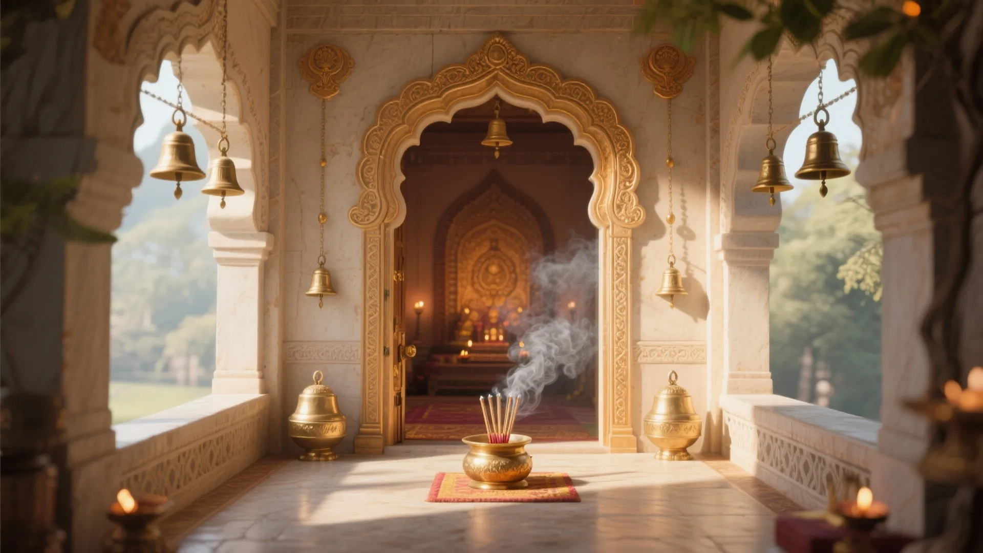 Temple-Style Archway with Bell Fixtures