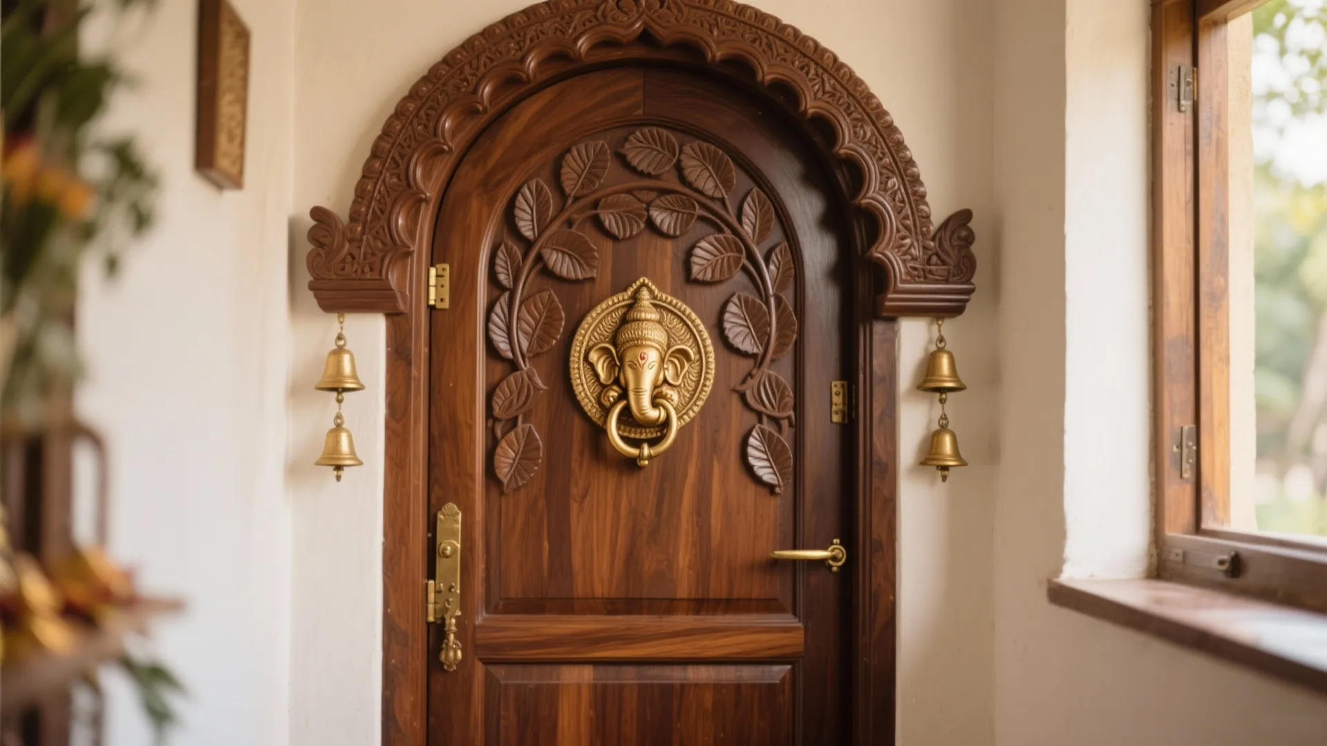 Traditional wooden door with an arched frame and a golden elephant handle beside hanging brass bells