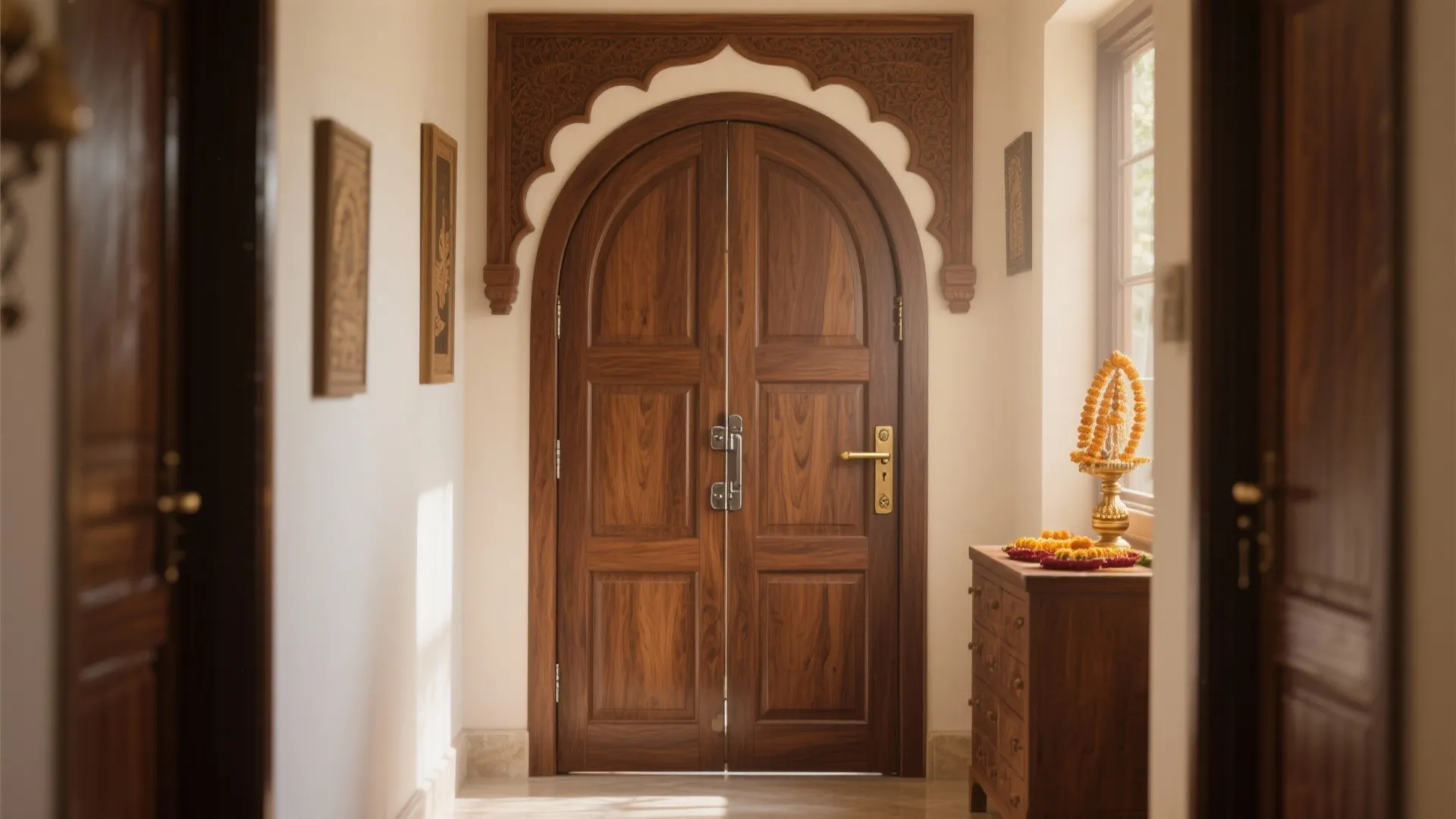 Traditional wooden arched double doors with decorative wood carving and a small wooden storage cabinet