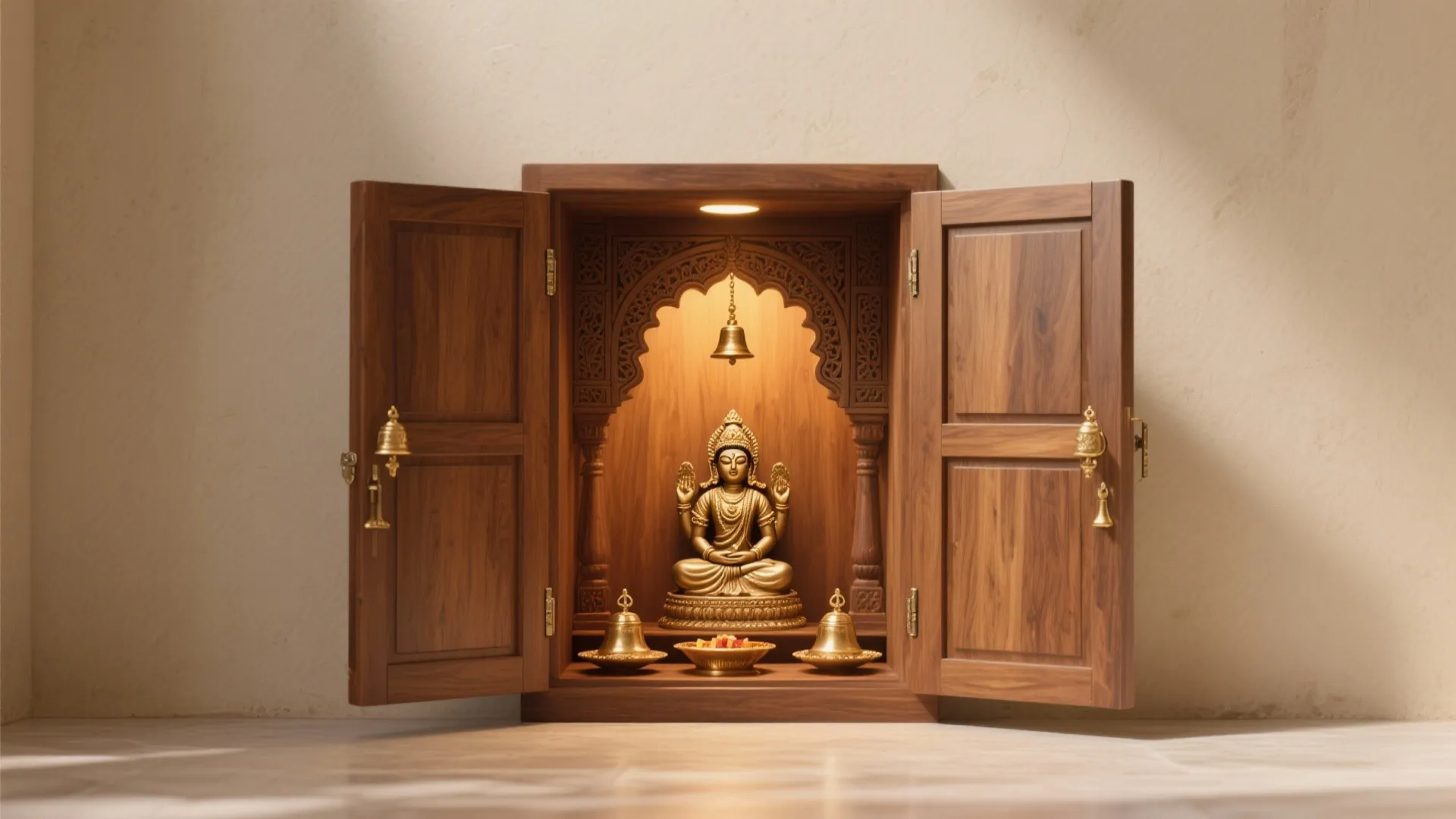 Small wooden cabinet with open doors showing golden statue and hanging bells under a warm light