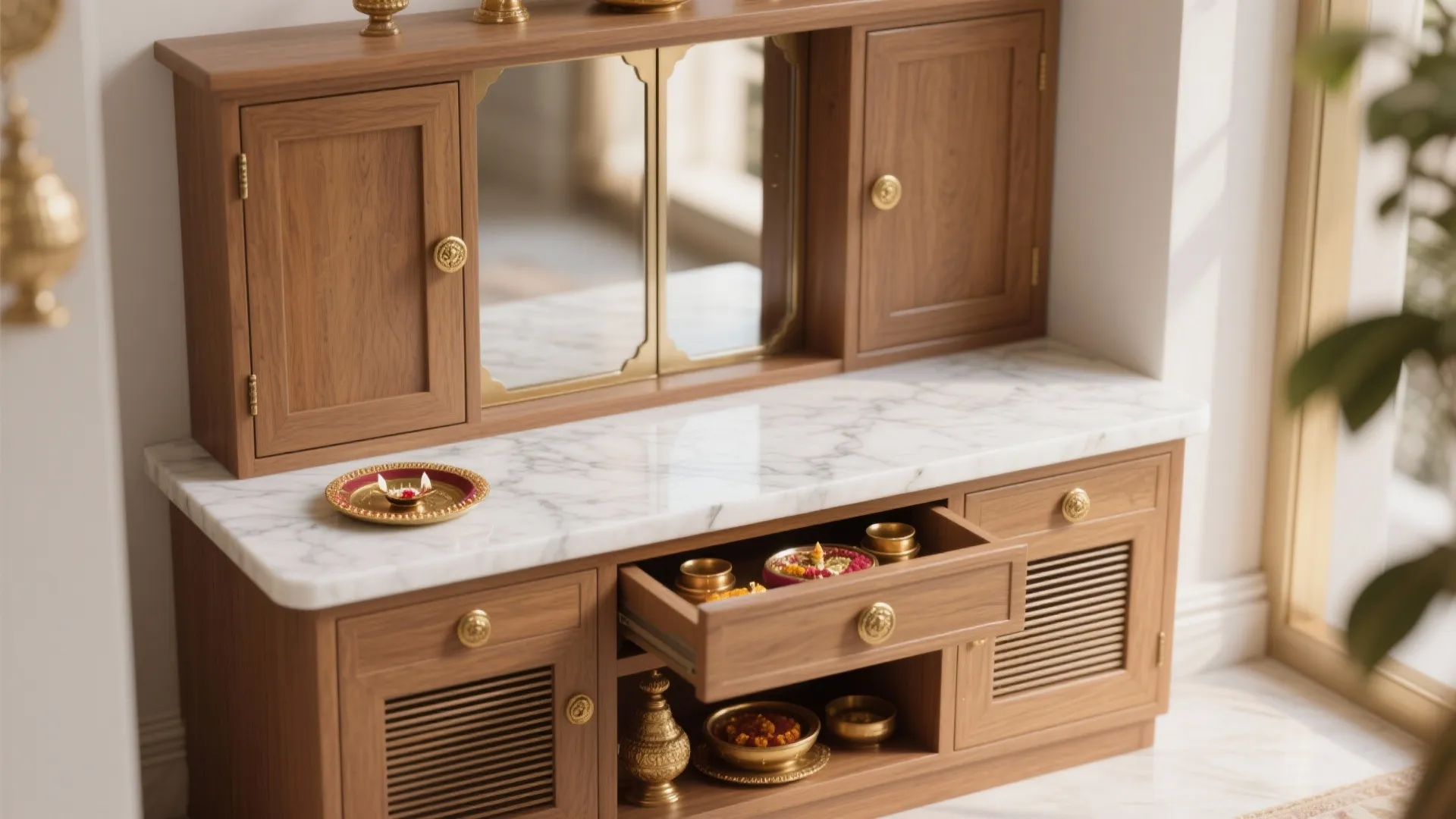 Compact temple cabinet with a white marble counter, bi-fold doors, and storage.