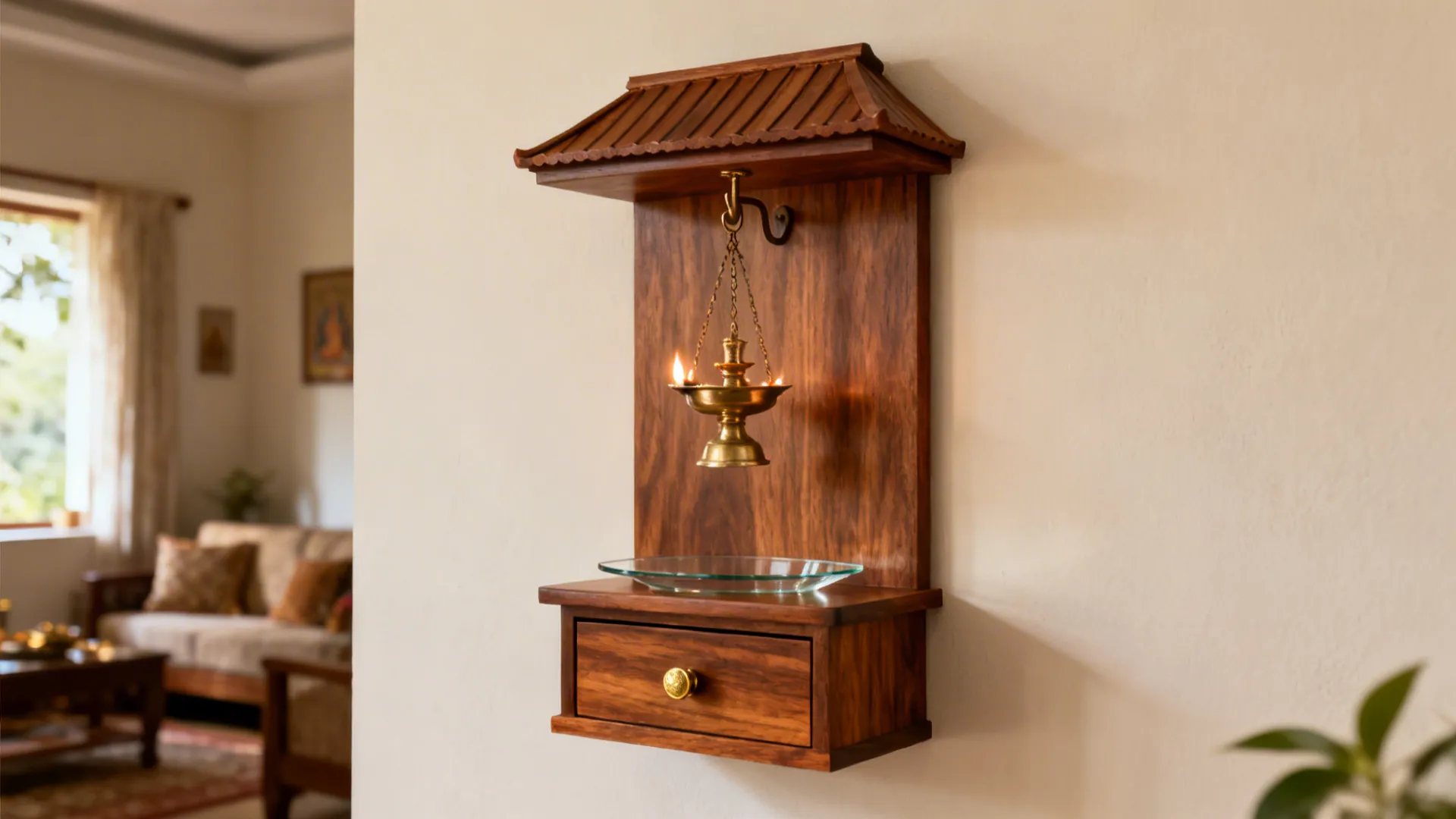 Wall shrine with temple-style sloped cornice and brass hanging vilakku above a slim shelf.