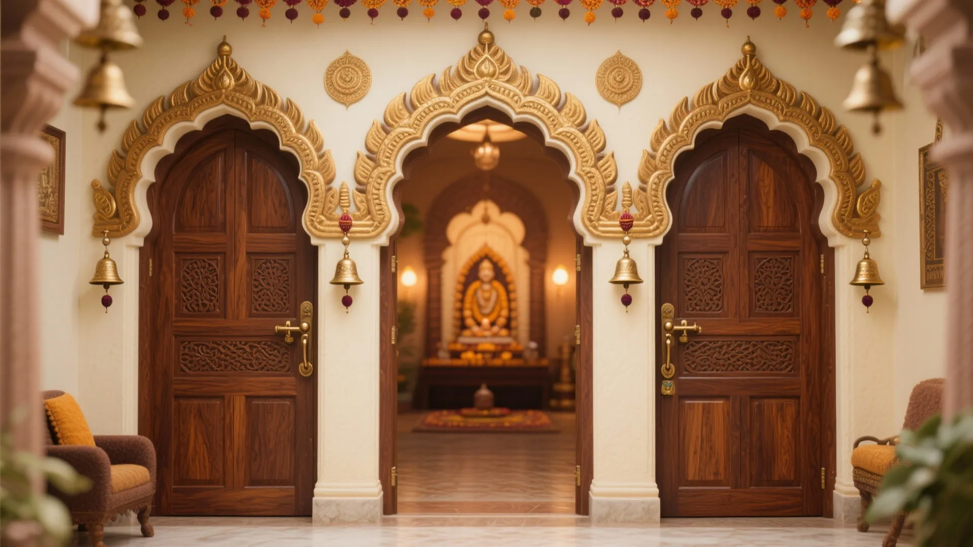 Traditional wooden temple doors with gold arch designs and small brass bells hanging on white walls