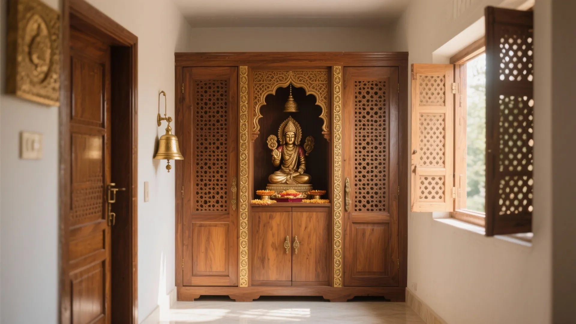 Wooden prayer room cabinet with gold statue inside white hallway next to open wooden window