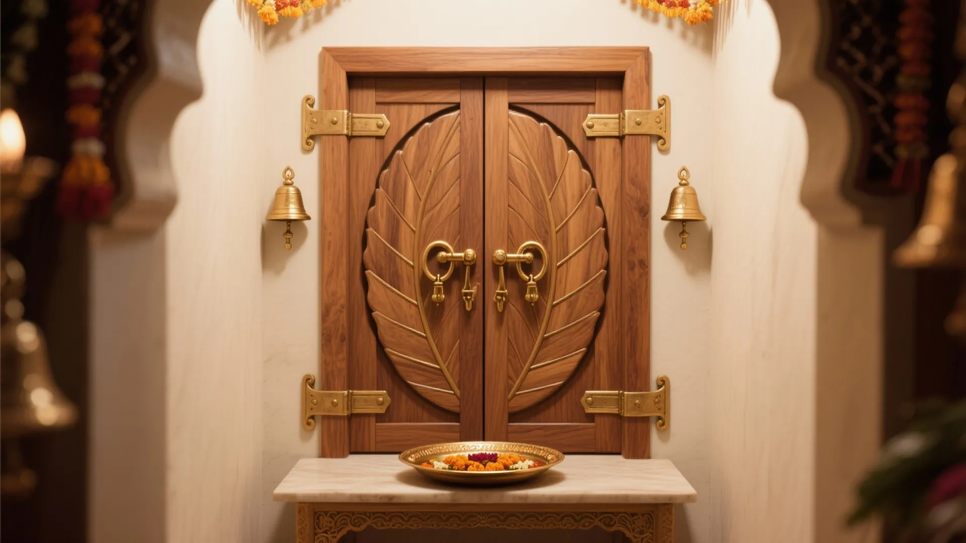 Carved wooden double doors with leaf design gold handles bells and flowers on marble table