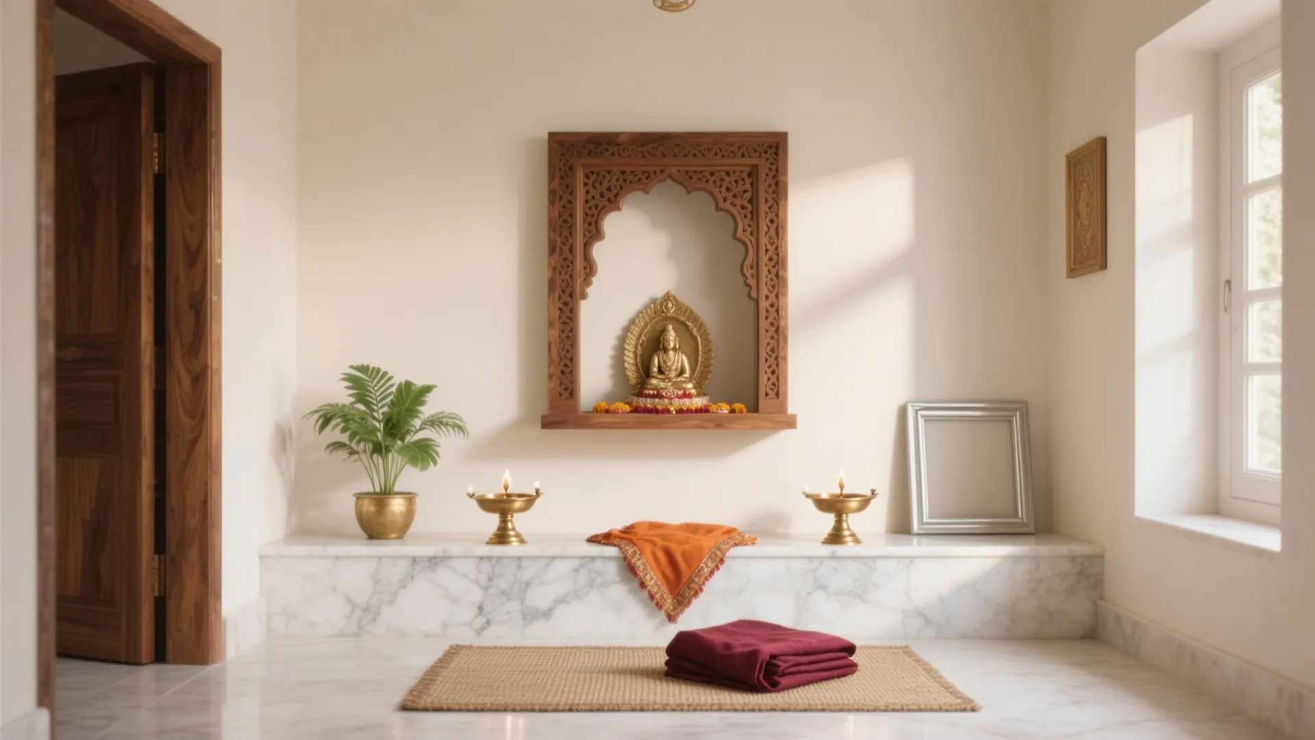Peaceful white prayer room with golden statue in wooden wall niche candles plant and mat