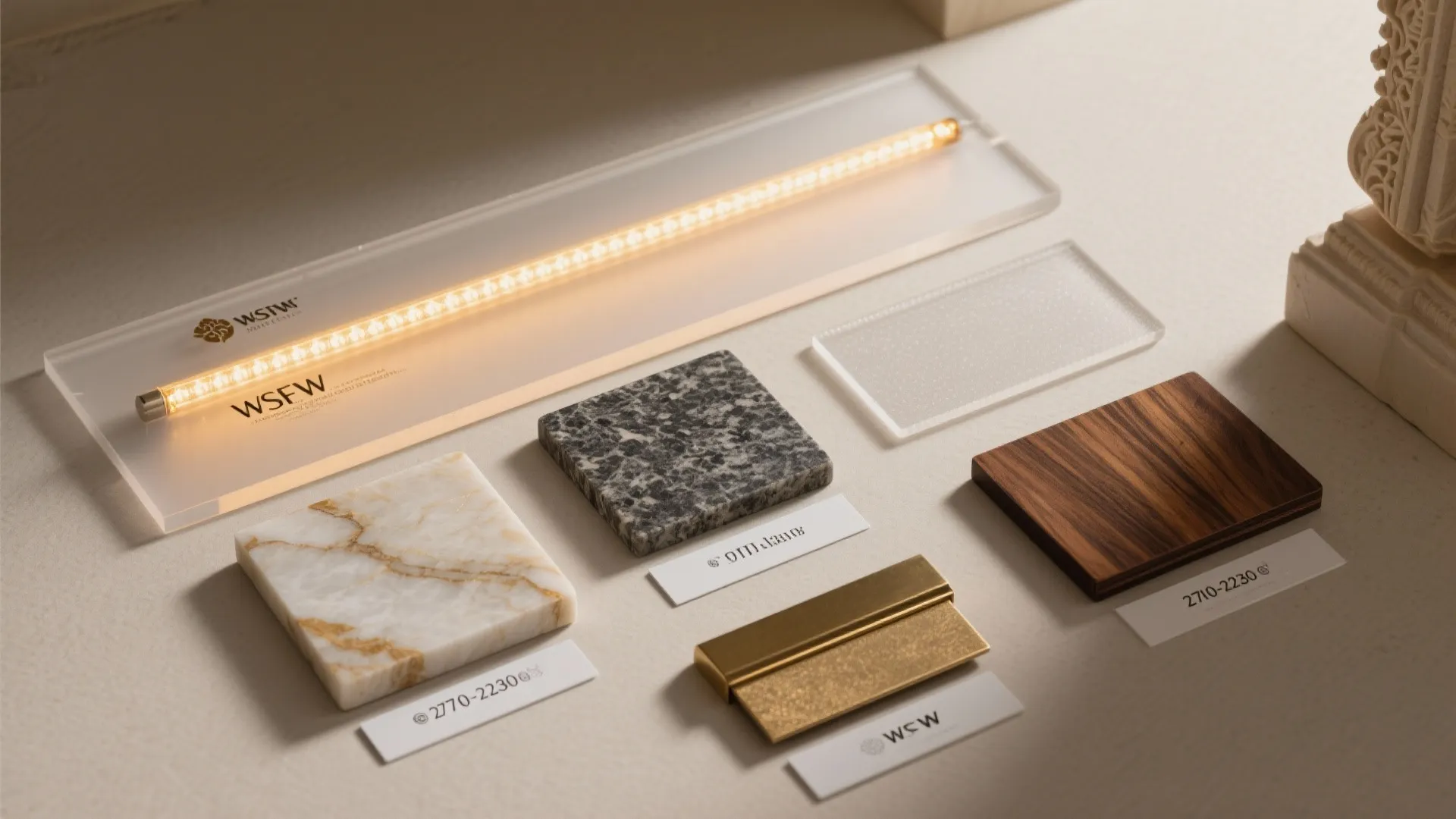 Flat lay of acrylic diffuser, warm LED, onyx, honed granite, brass, and teak veneer.