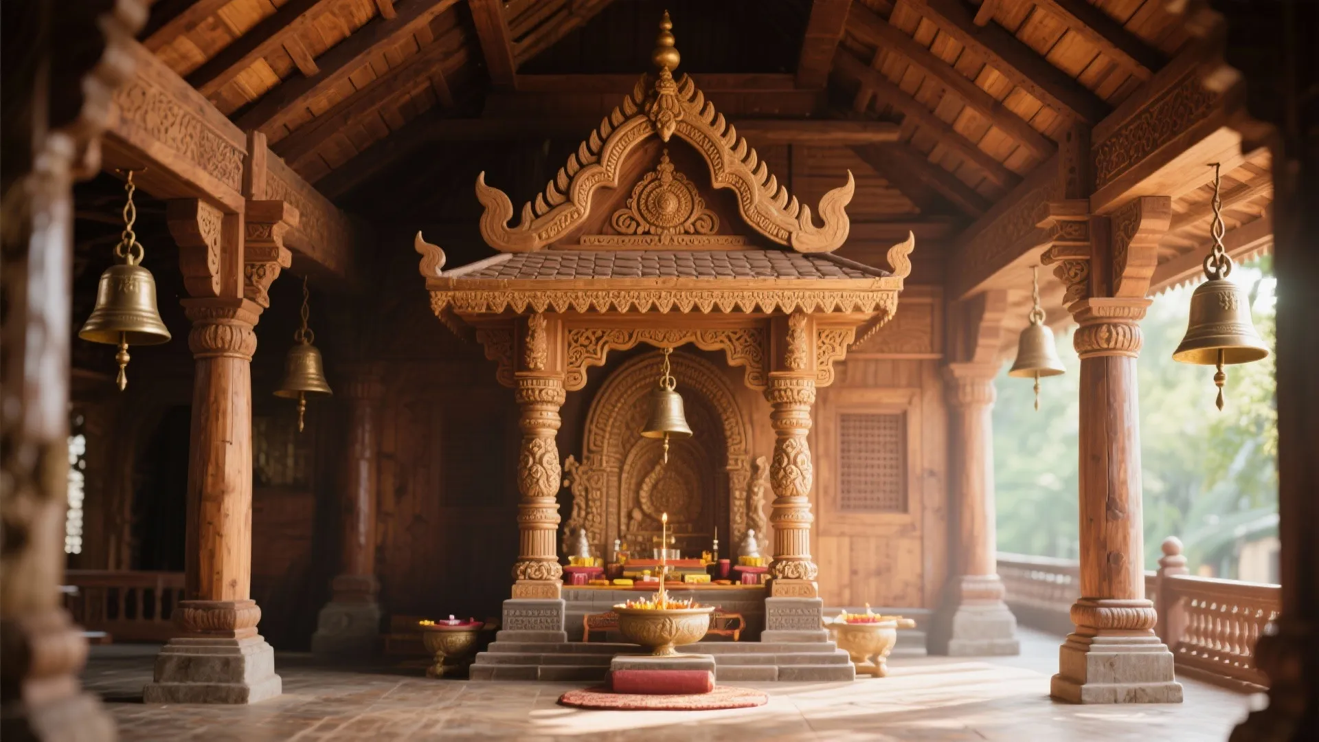 Traditional wooden indoor structure with pillars and hanging brass bells for a home prayer room