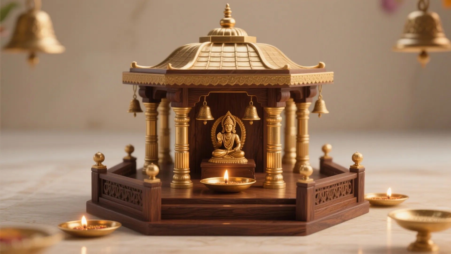 South Indian Temple-Style Columns and Brass Accents