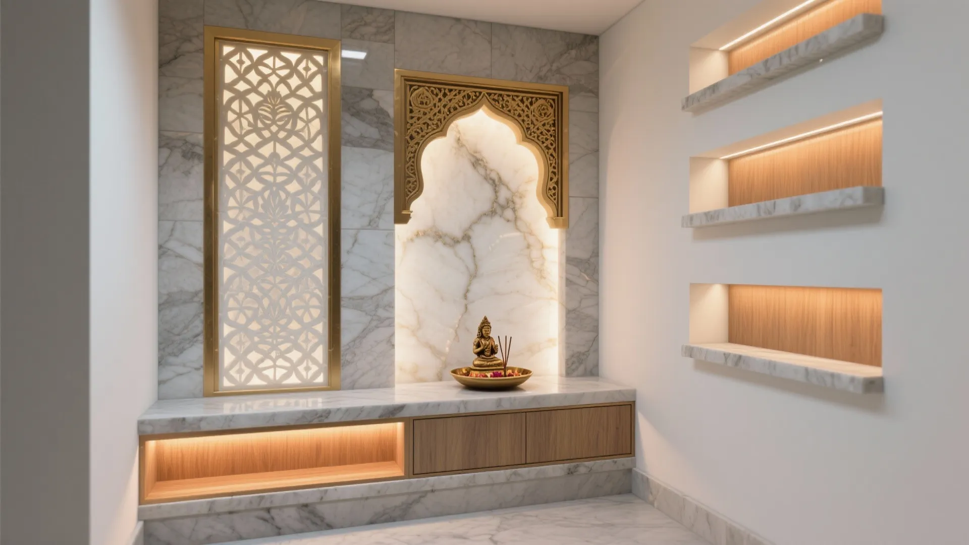 Marble prayer room featuring gold wall panel, small statue, wood cabinet, and many lighted wall shelves