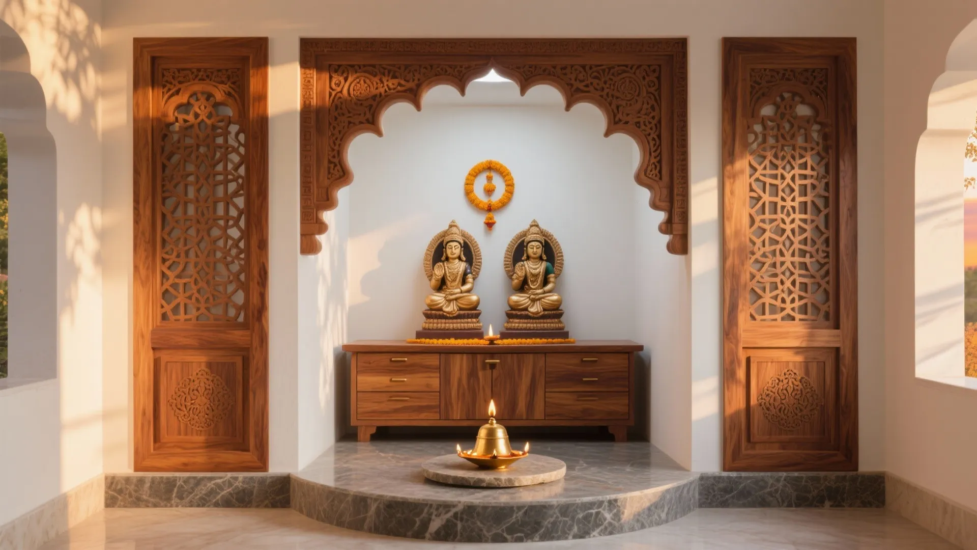 Teak veneer arch with carved details and raised peetam creates a traditional Tamil pooja alcove.