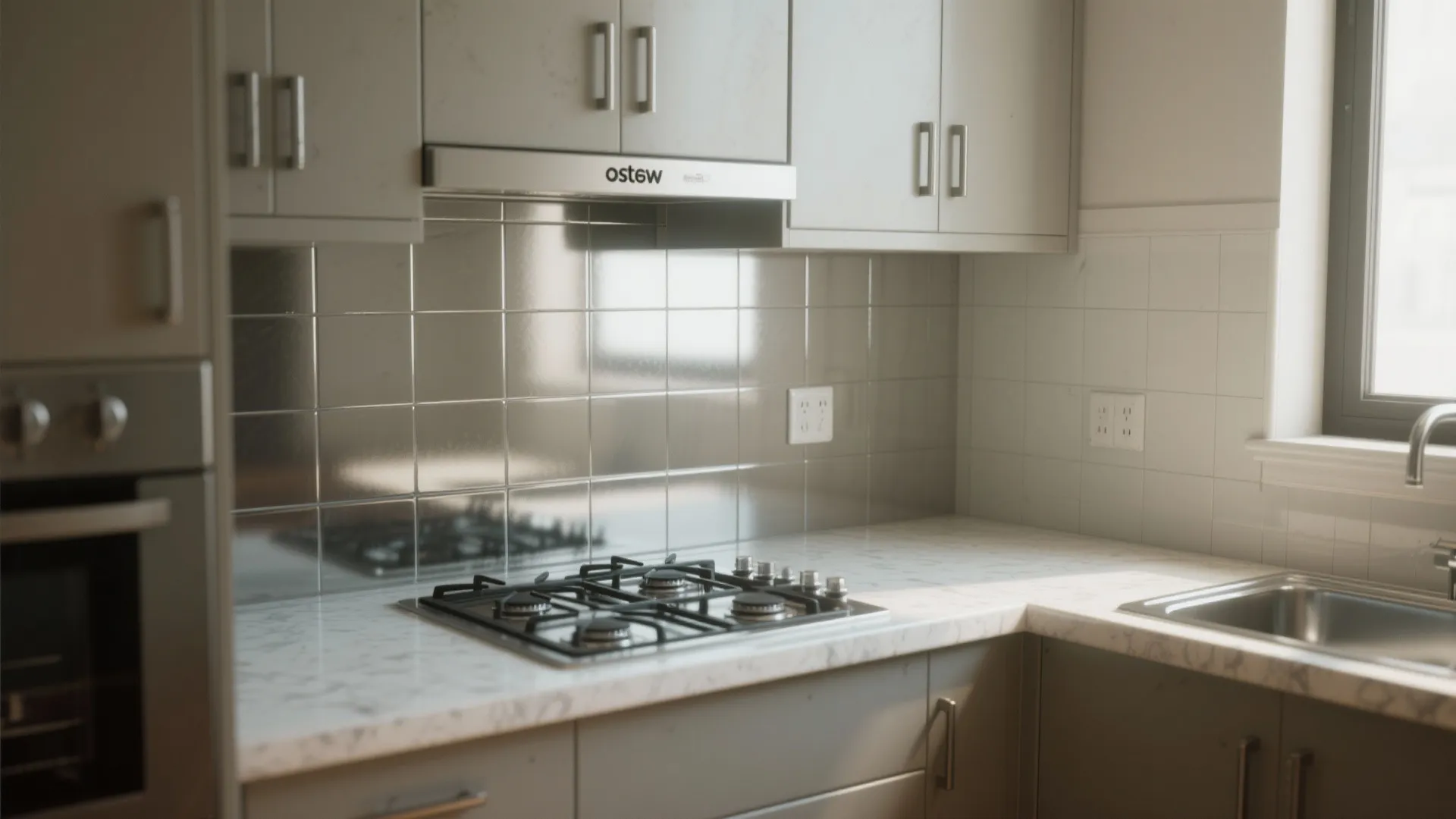 Modern kitchen with grey cabinets marble countertop gas stove and silver tile wall behind stove