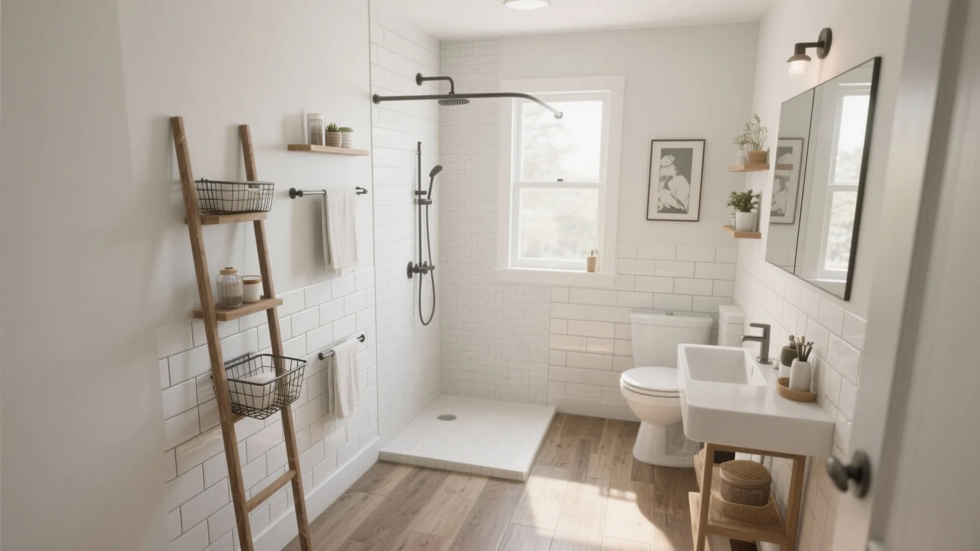 Bright modern bathroom featuring white subway tiles wood flooring black shower fixtures and wooden shelf