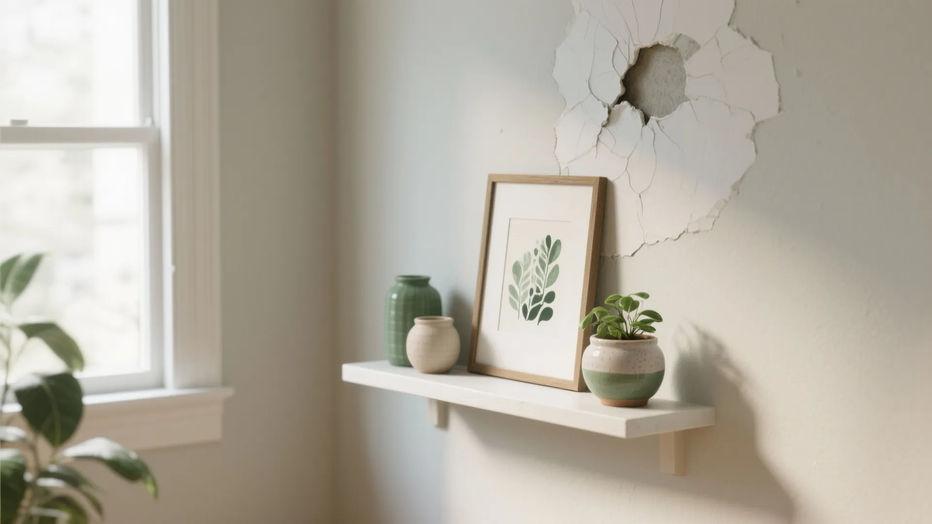 Floating shelf and framed art concealing a ripped paint area in a cozy living room.