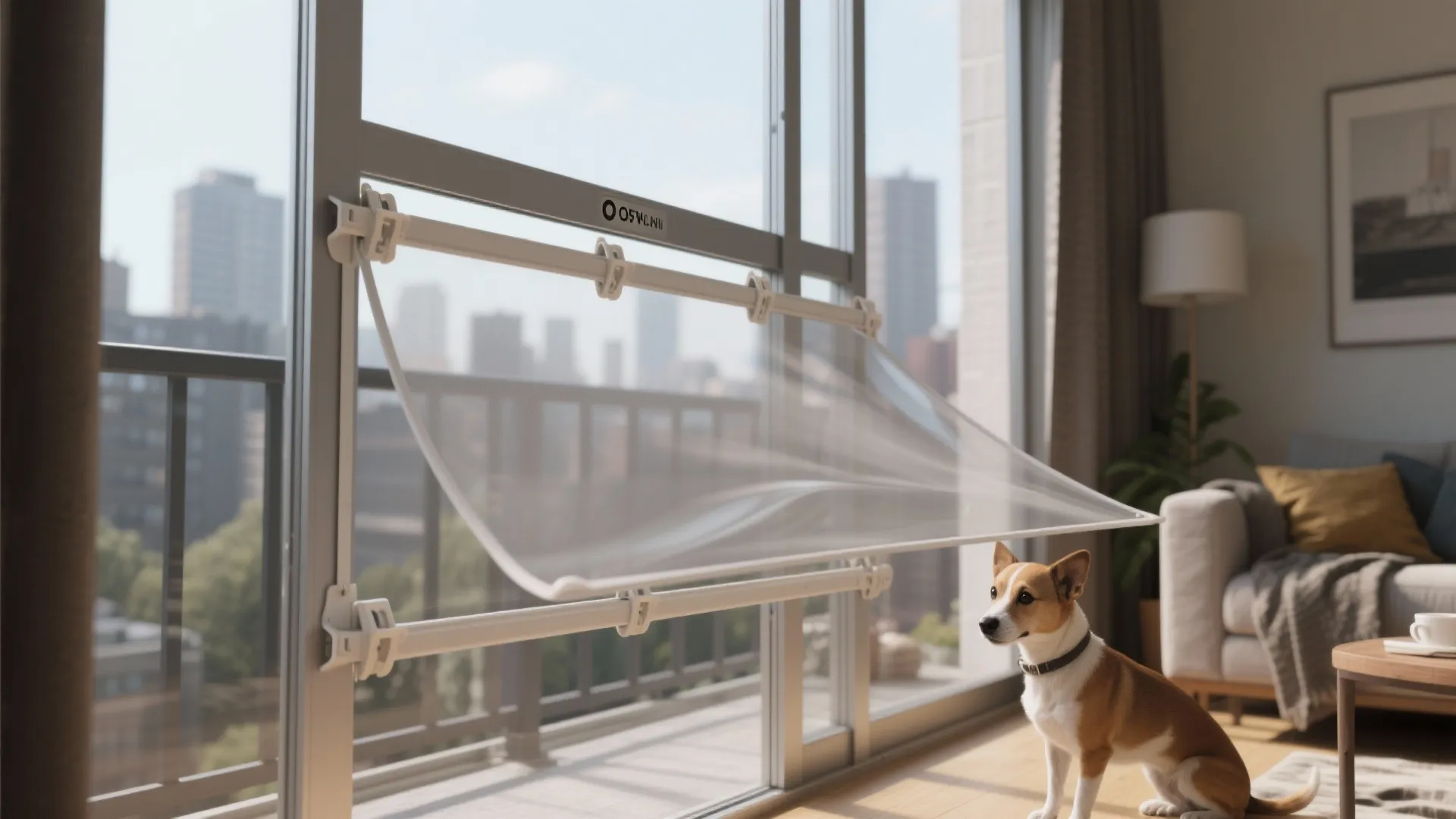 Small brown and white dog sitting near a balcony window with mesh pet safety screen
