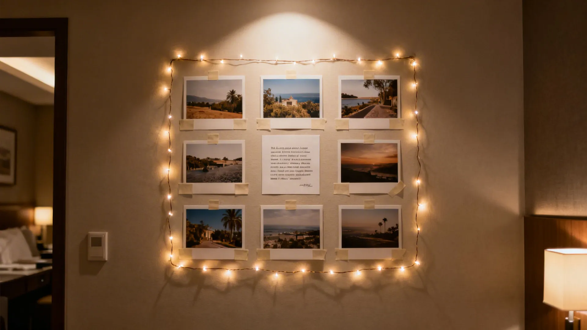 Wall display of eight photos and one note surrounded by string lights in a bedroom