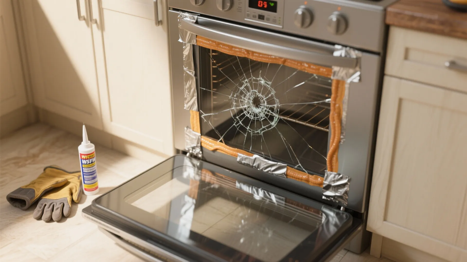 Broken glass oven door fixed with silver tape and sealant near work gloves and liquid glue
