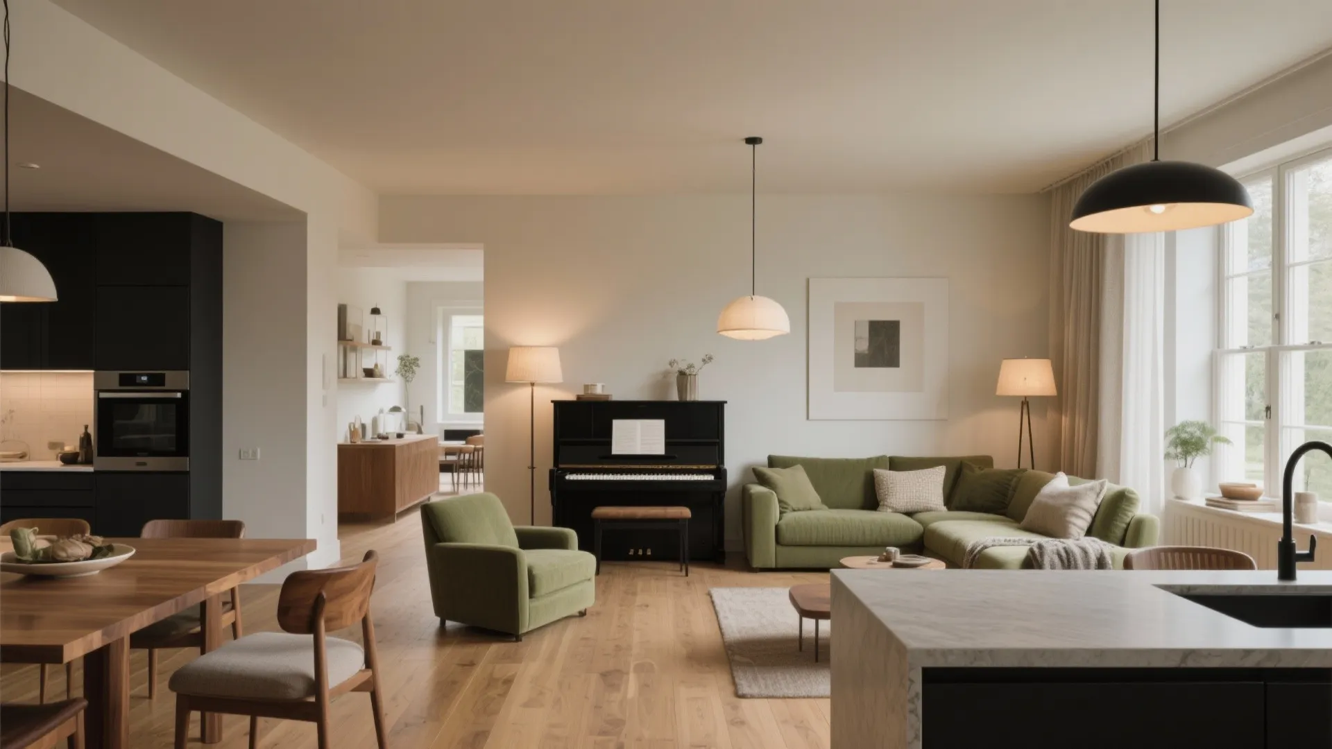 Modern open living room with green sofa black piano wooden dining table and several ceiling lights