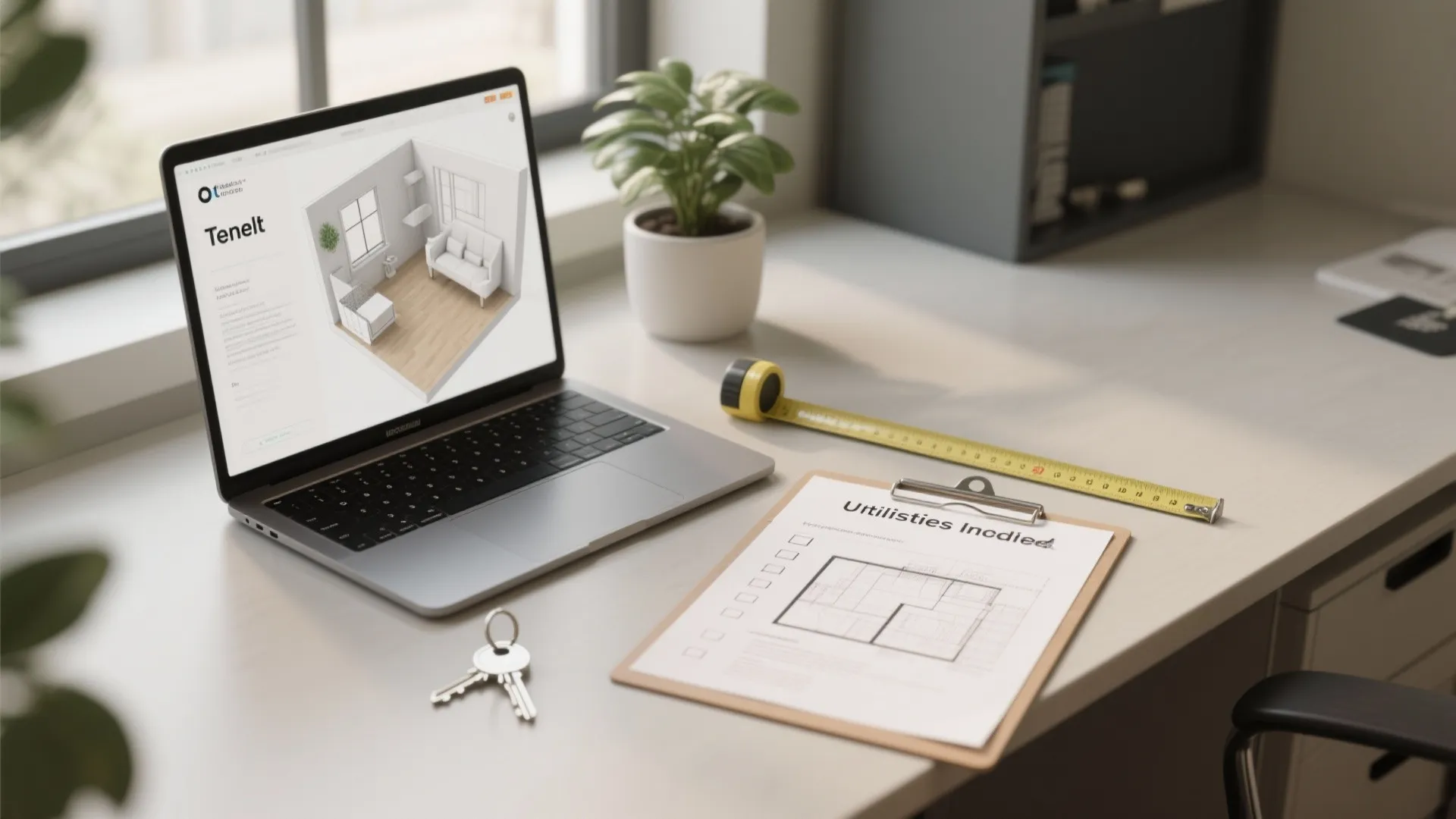 Laptop showing room layout design next to a paper checklist and yellow measuring tape tool