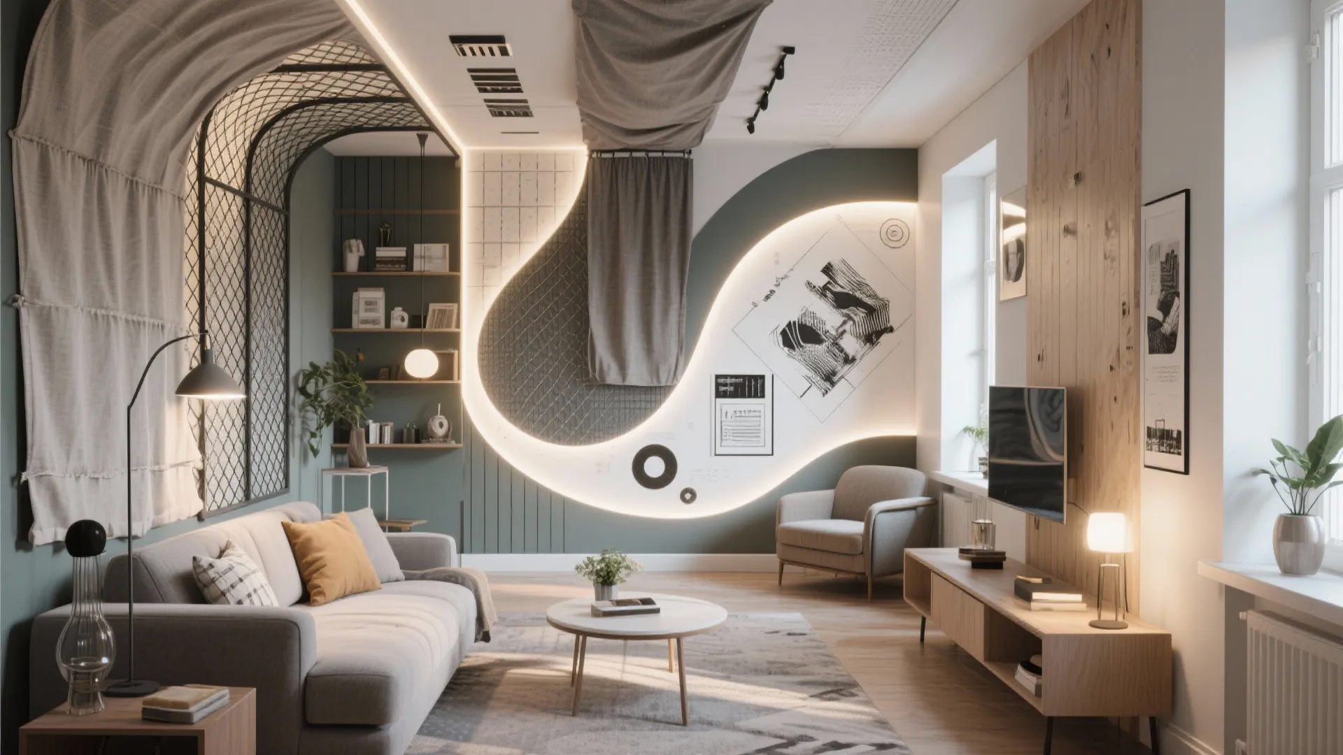 Modern living room with grey sofa wooden floor round table and curved glowing wall feature